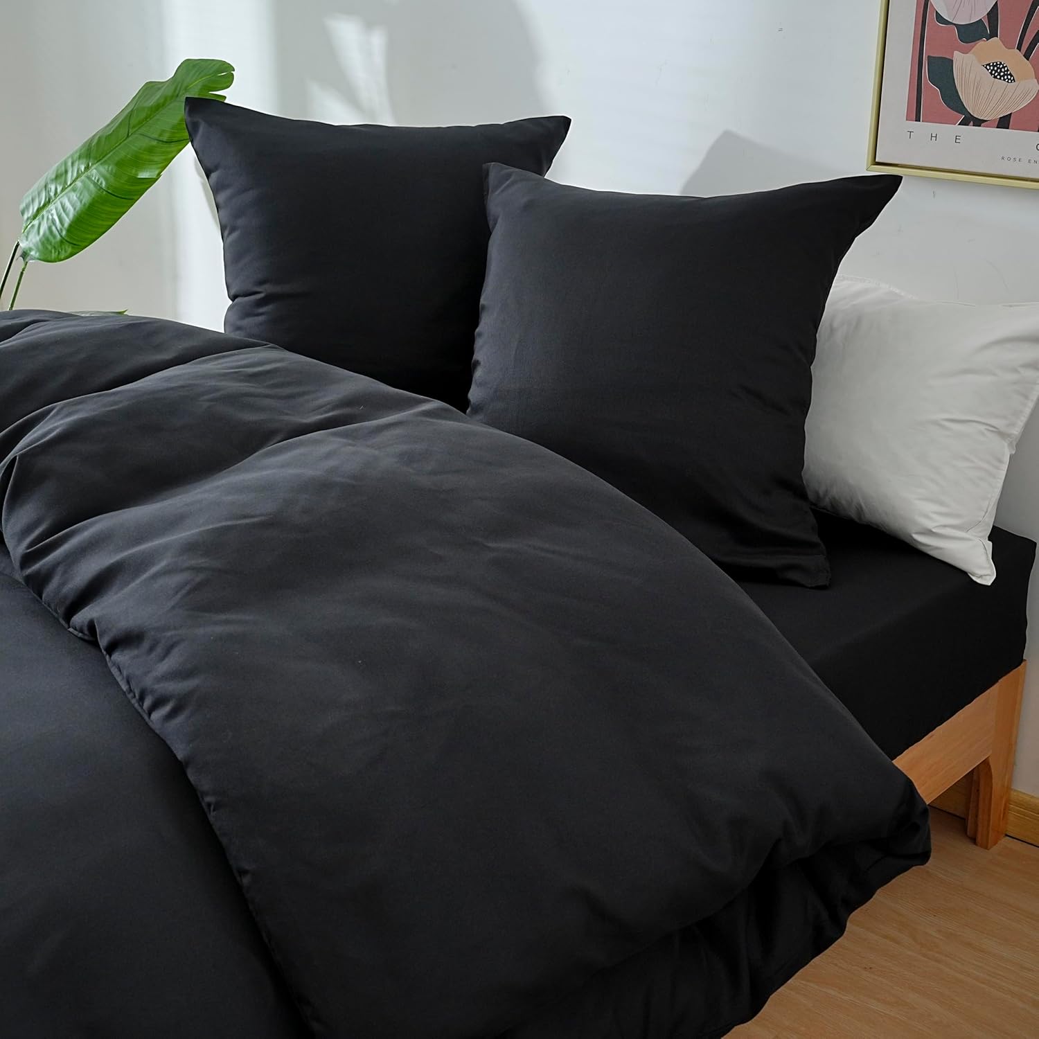 AYSW Bettwäsche-Set 4-teilig Bettbezug 220x240cm + Spannbetttuch 180x200cm Spannhöhe 30cm + 2 Kissenbezüge 65x65cm 2 Personen Bettwäsche-Set Schwarz Leicht 80 Fäden/cm² Mikrofaser 5