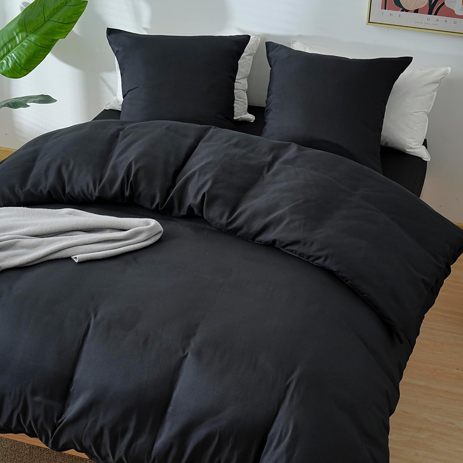 AYSW Bettwäsche-Set 4-teilig Bettbezug 220x240cm + Spannbetttuch 180x200cm Spannhöhe 30cm + 2 Kissenbezüge 65x65cm 2 Personen Bettwäsche-Set Schwarz Leicht 80 Fäden/cm² Mikrofaser 4
