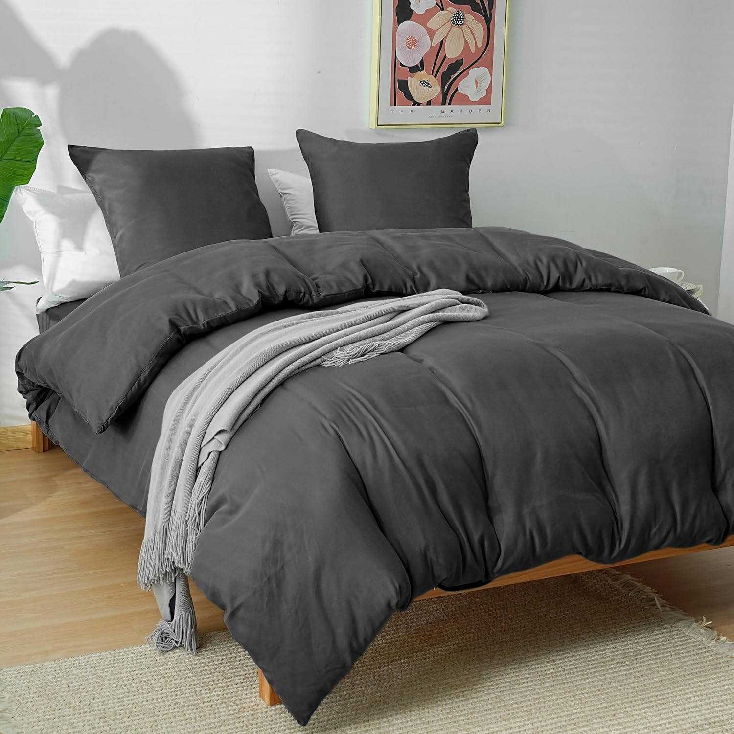 AYSW 4-Piece Bedding Set Duvet Cover 220x240cm + Fitted Sheet 140x190cm 30cm Pocket + 2 Pillowcases 65x65cm 2 Person Duvet Cover Set Light Grey 80 Threads/cm² Microfiber 2