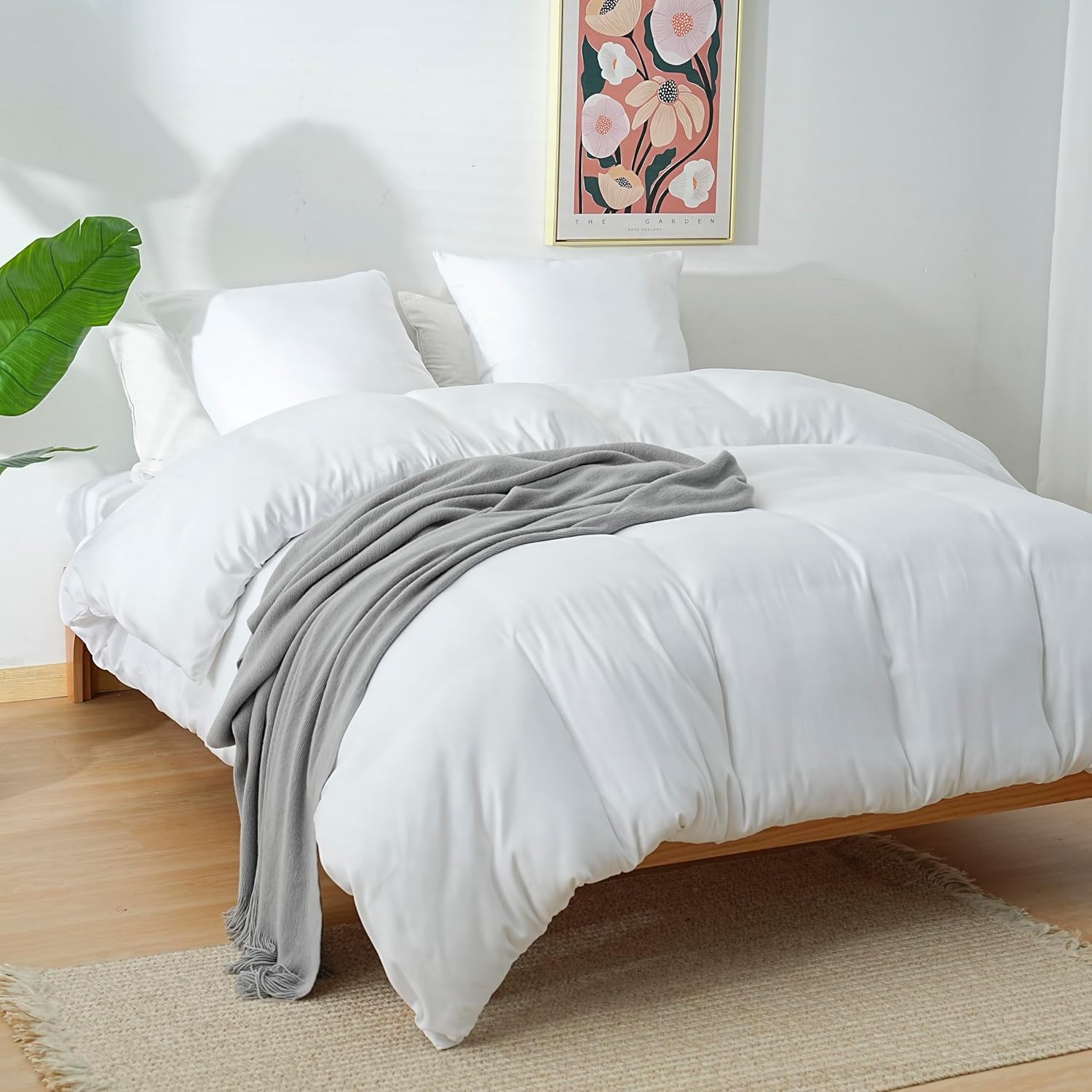AYSW 4-Piece Bedding Set Duvet Cover 220x240cm + Fitted Sheet 180x200cm 30cm Pocket + 2 Pillowcases 65x65cm 2 Person Duvet Cover Set White Light 80 Threads/cm² Microfiber 2