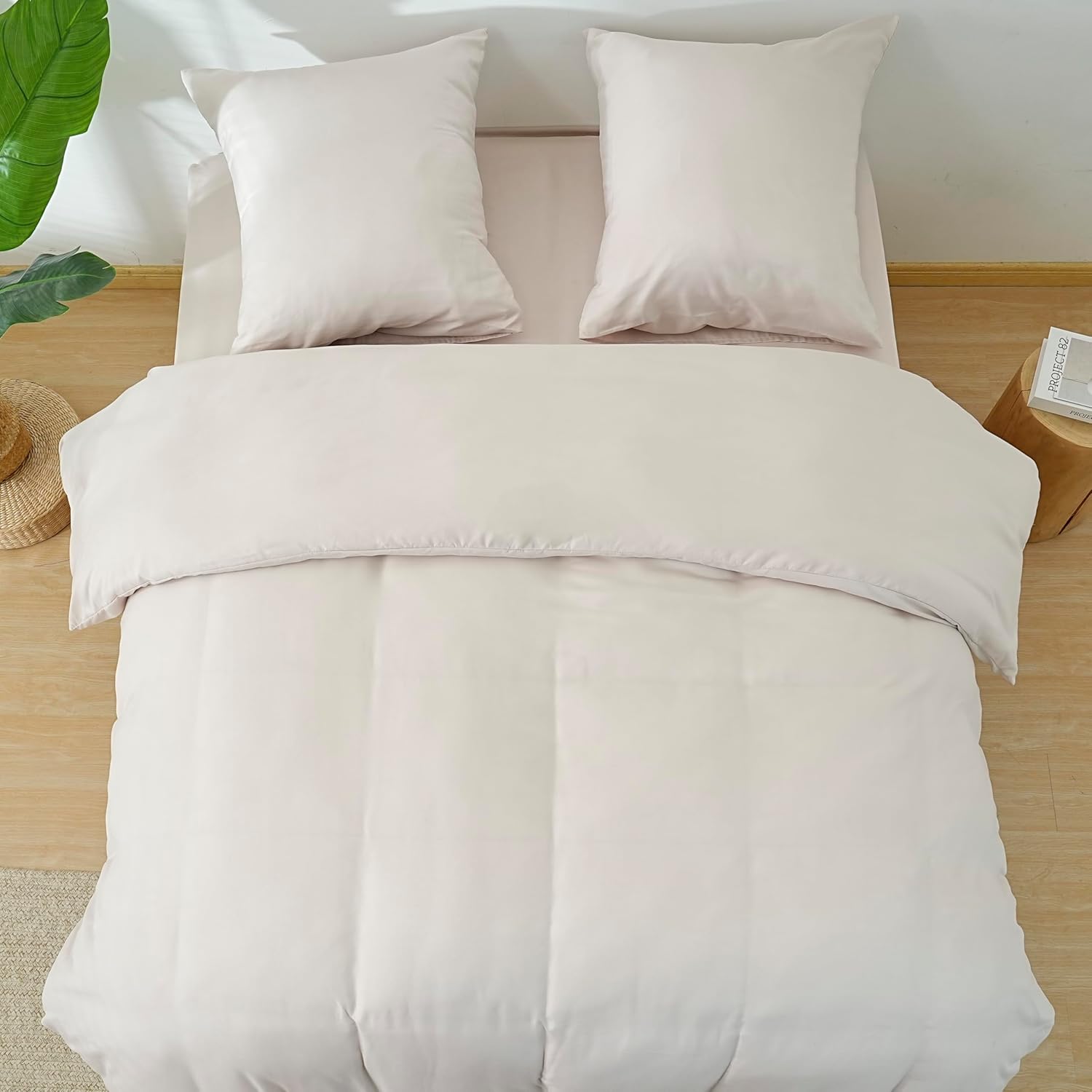 AYSW 4-Piece Bedding Set Duvet Cover 220x240cm + Fitted Sheet 180x200cm 30cm Pocket + 2 Pillowcases 65x65cm 2 Person Duvet Cover Set Light Beige 80 Threads/cm² Microfiber 8