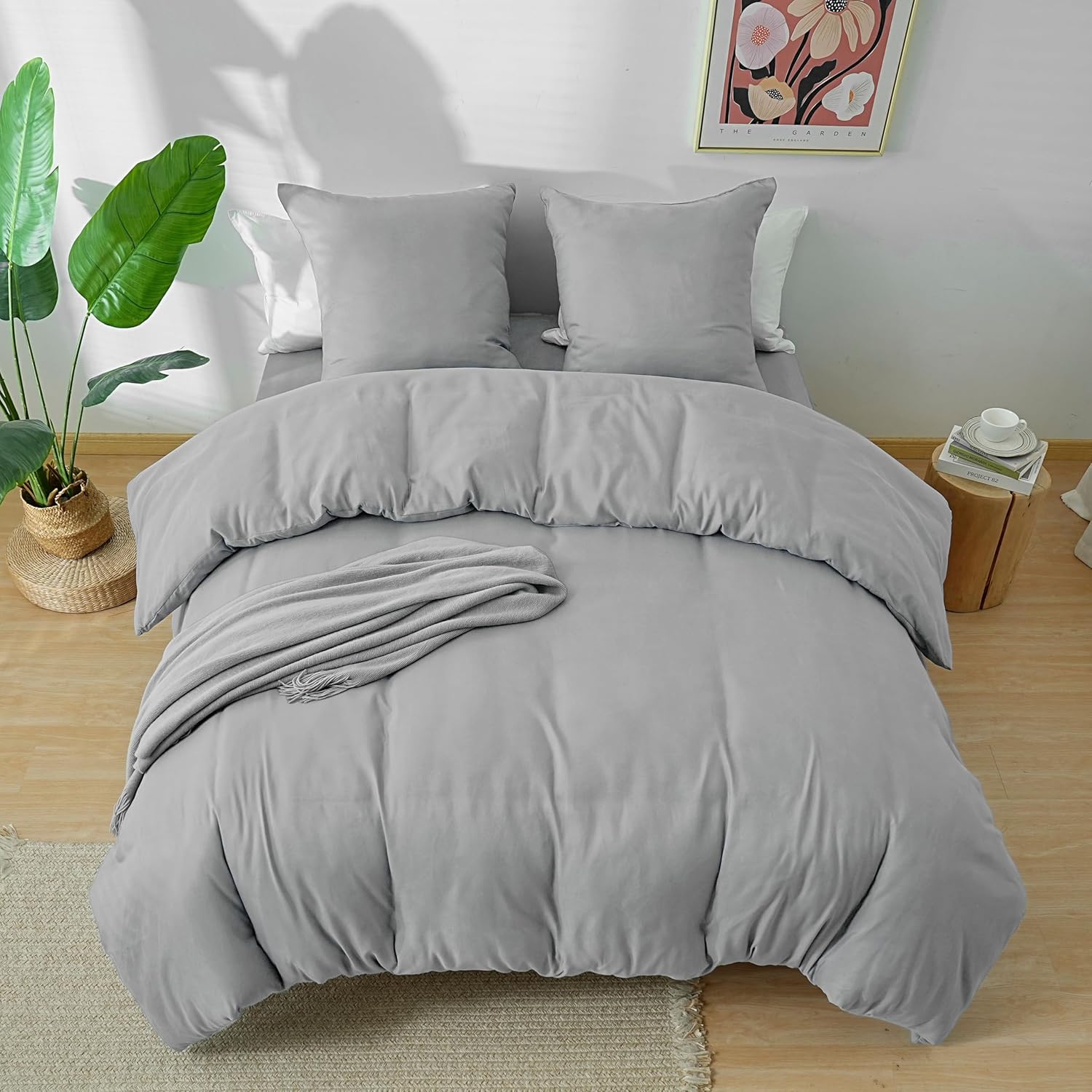 AYSW Parure de Lit 4 Pièces Housse de Couette 220x240cm + Drap Housse 180x200cm Bonnet 30cm + 2 Taies d'oreiller 65x65cm 2 Personnes Ensemble Housse de Couette Gris Clair Léger 80 Fils/cm² Microfibre 8