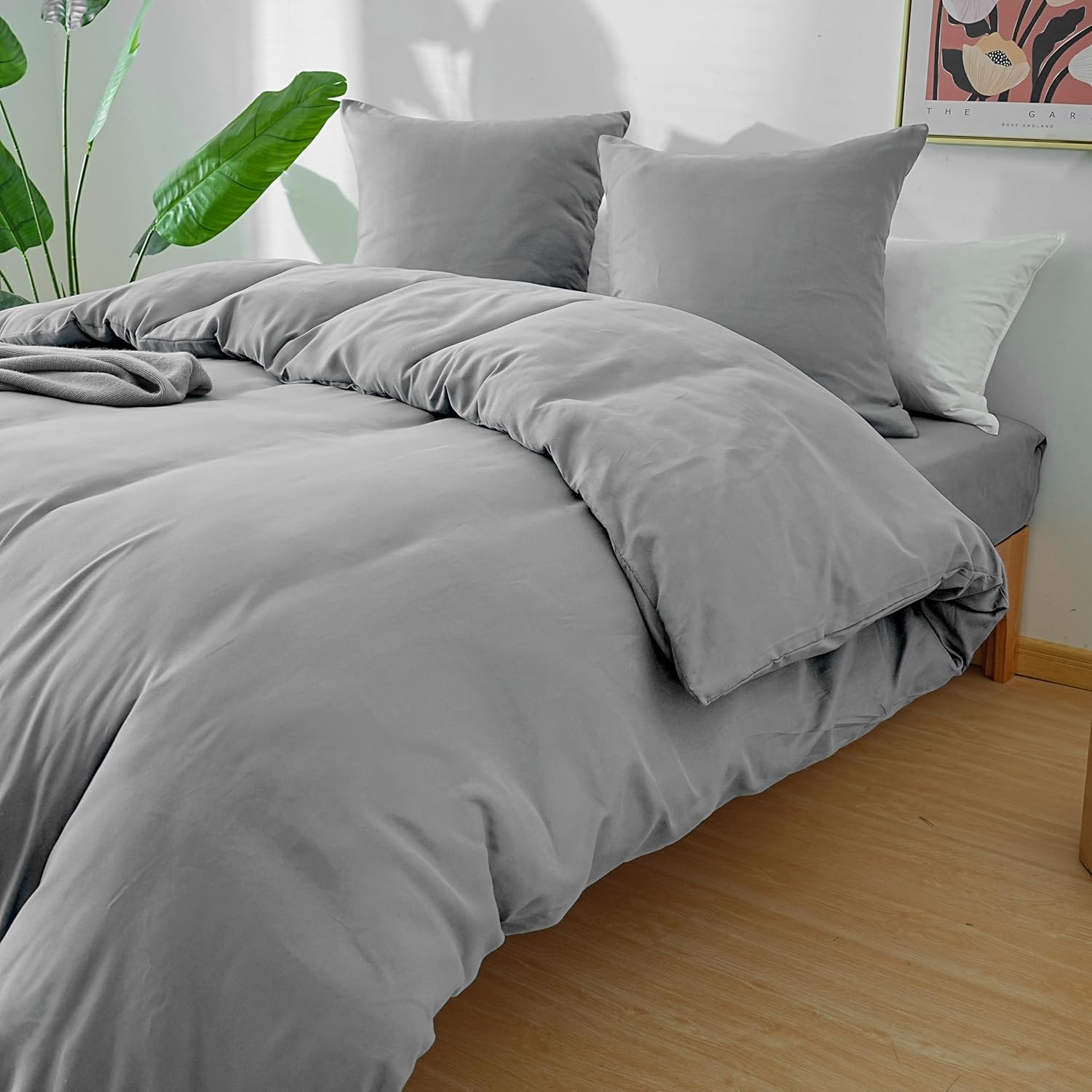 AYSW Parure de Lit 4 Pièces Housse de Couette 220x240cm + Drap Housse 180x200cm Bonnet 30cm + 2 Taies d'oreiller 65x65cm 2 Personnes Ensemble Housse de Couette Gris Clair Léger 80 Fils/cm² Microfibre 3