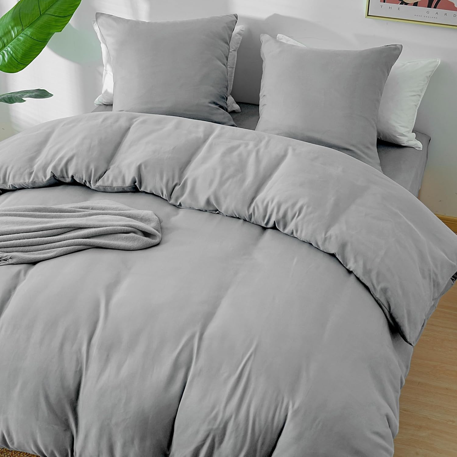 AYSW Parure de Lit 4 Pièces Housse de Couette 220x240cm + Drap Housse 180x200cm Bonnet 30cm + 2 Taies d'oreiller 65x65cm 2 Personnes Ensemble Housse de Couette Gris Clair Léger 80 Fils/cm² Microfibre 4