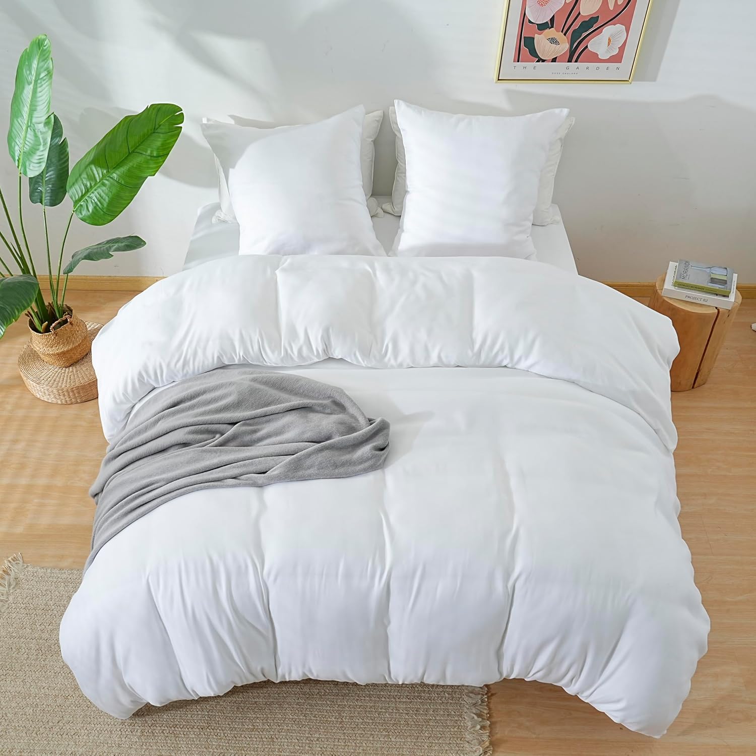 AYSW 4-Piece Bedding Set Duvet Cover 200x200cm + Fitted Sheet 160x200cm 30cm Pocket + 2 Pillowcases 65x65cm 2 Person Duvet Cover Set White Light 80 Thread/cm² Microfibre 8