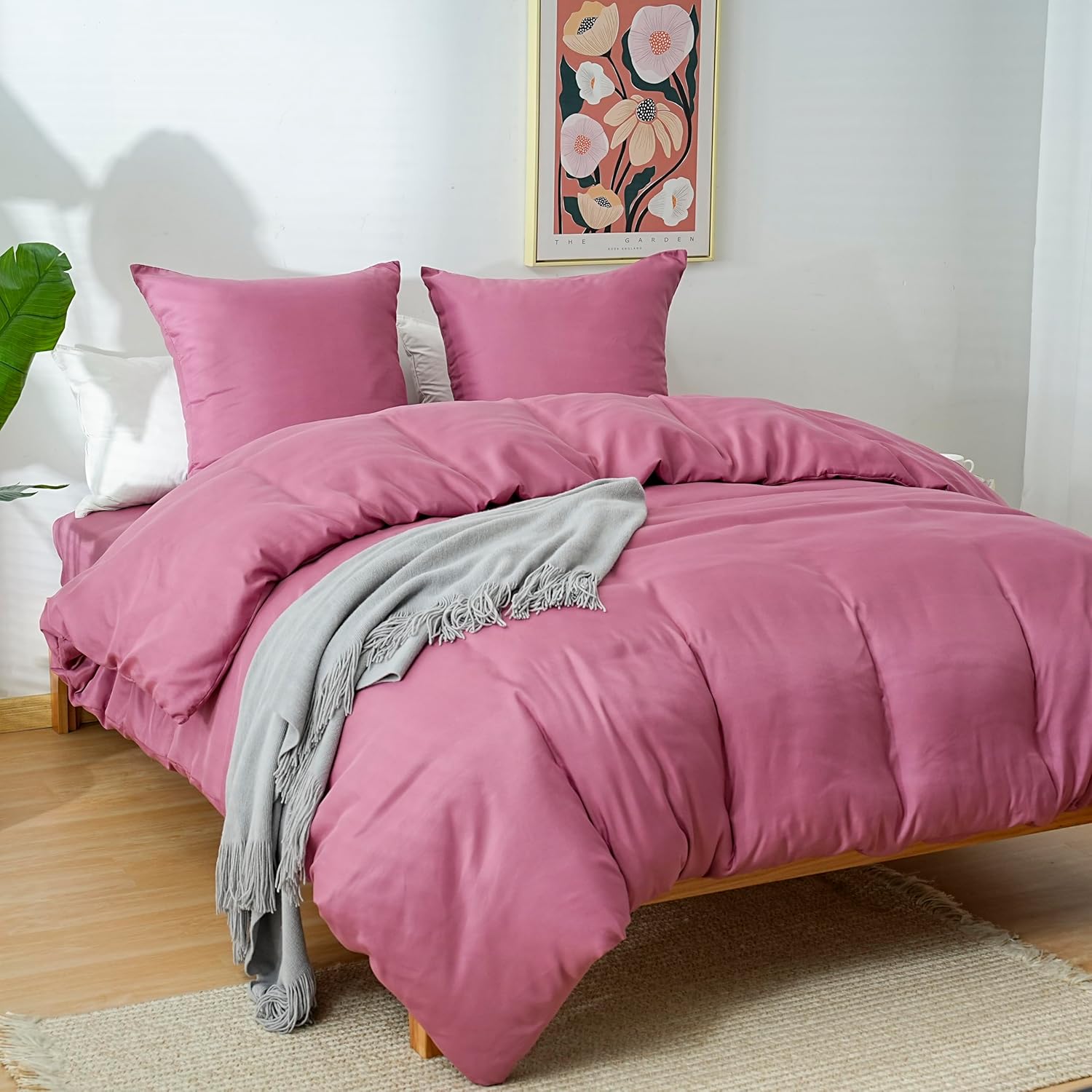 AYSW 4-Piece Bedding Set Duvet Cover 200x200cm + Fitted Sheet 160x200cm 30cm Pocket + 2 Pillowcases 65x65cm 2 Person Duvet Cover Set Dusty Rose Light 80 Threads/cm² Microfiber 2