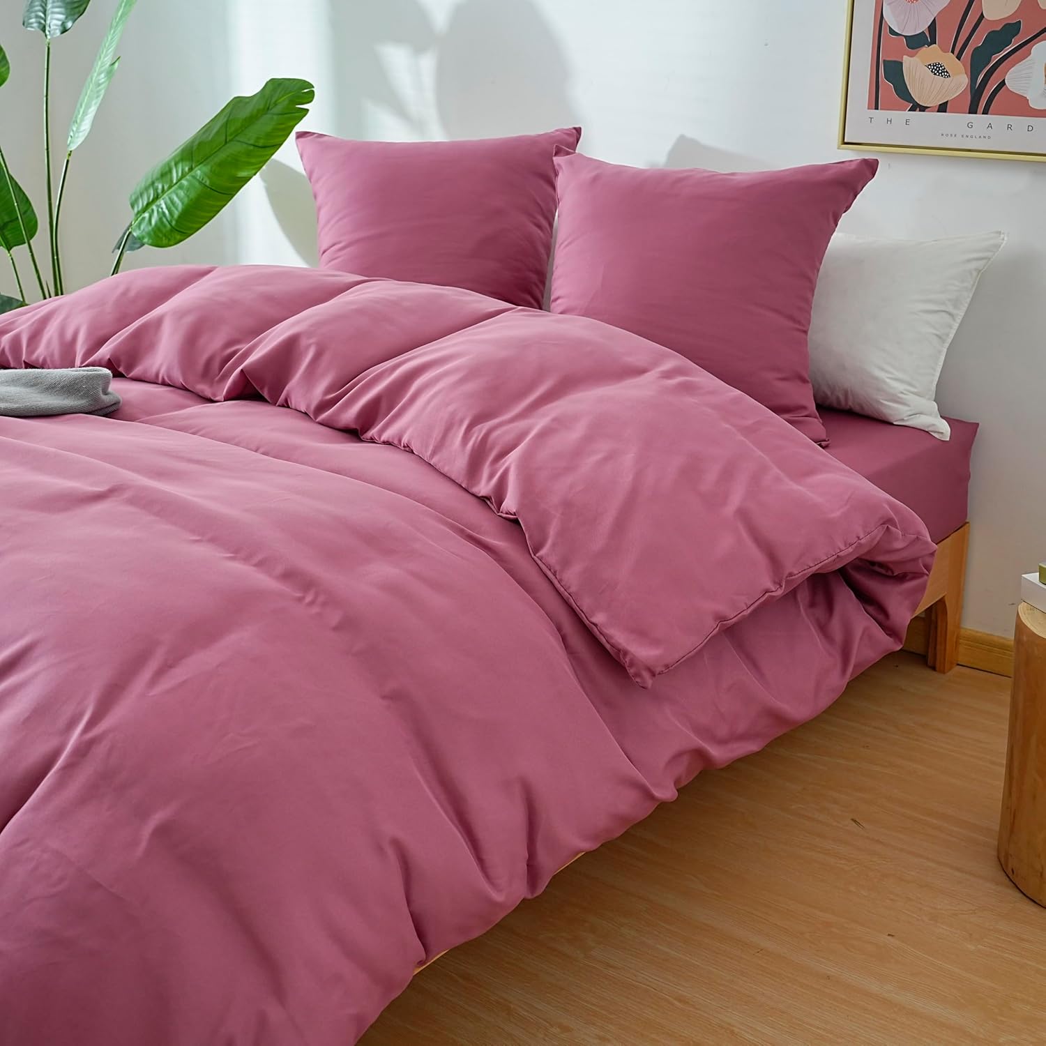 AYSW 4-Piece Bedding Set Duvet Cover 200x200cm + Fitted Sheet 160x200cm 30cm Pocket + 2 Pillowcases 65x65cm 2 Person Duvet Cover Set Dusty Rose Light 80 Threads/cm² Microfiber 3