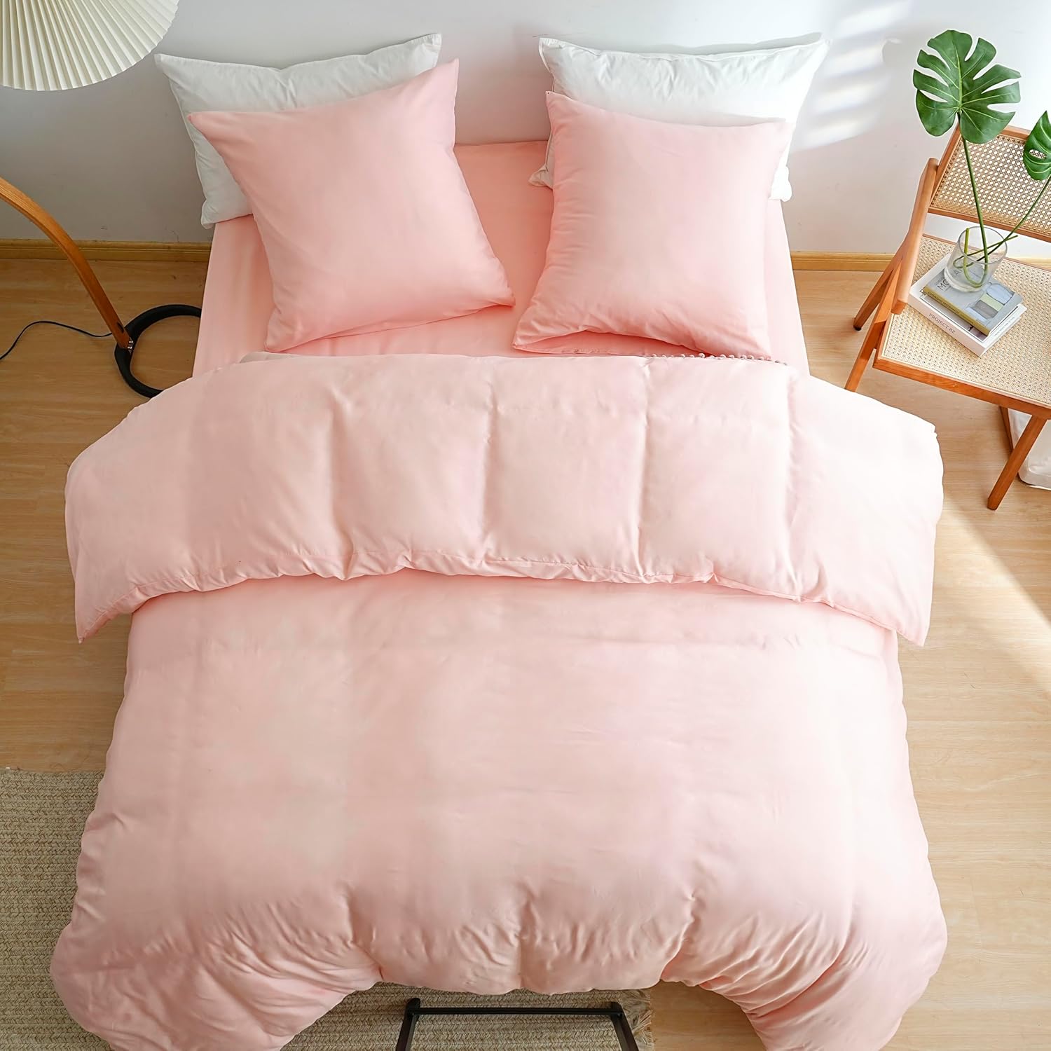 AYSW 4 Pièces Parure de Lit Adulte Housse de Couette 200x200cm+Drap Housse 140x200+2 Taies d'oreillers 65x65cm Rose Normal 80 Fils/cm² Housse de Couette 2 Personnes avec Fermeture Éclair 3