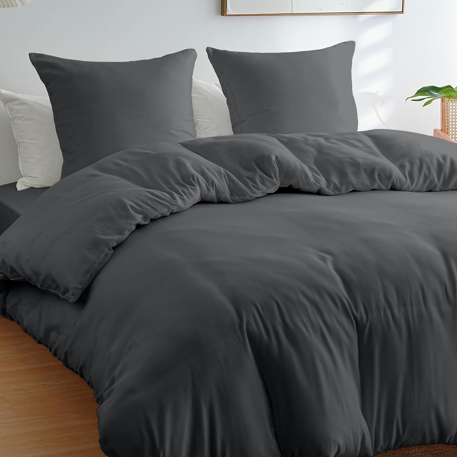 AYSW 4 Pièces Parure de Lit Adulte Housse de Couette 220x240cm+Drap Housse 160x200+2 Taies d'oreillers 65x65cm Gris Foncé Normal 80 Fils/cm² Housse de Couette 2 Personnes avec Fermeture Éclair 2
