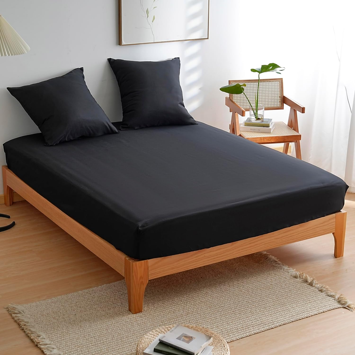 AYSW 4 Piece Adult Bedding Set Duvet Cover 200x200cm+Fitted Sheet 160x200+2 Pillowcases 65x65cm Black Normal 80 Thread/cm² 2 Person Duvet Cover with Zipper 4