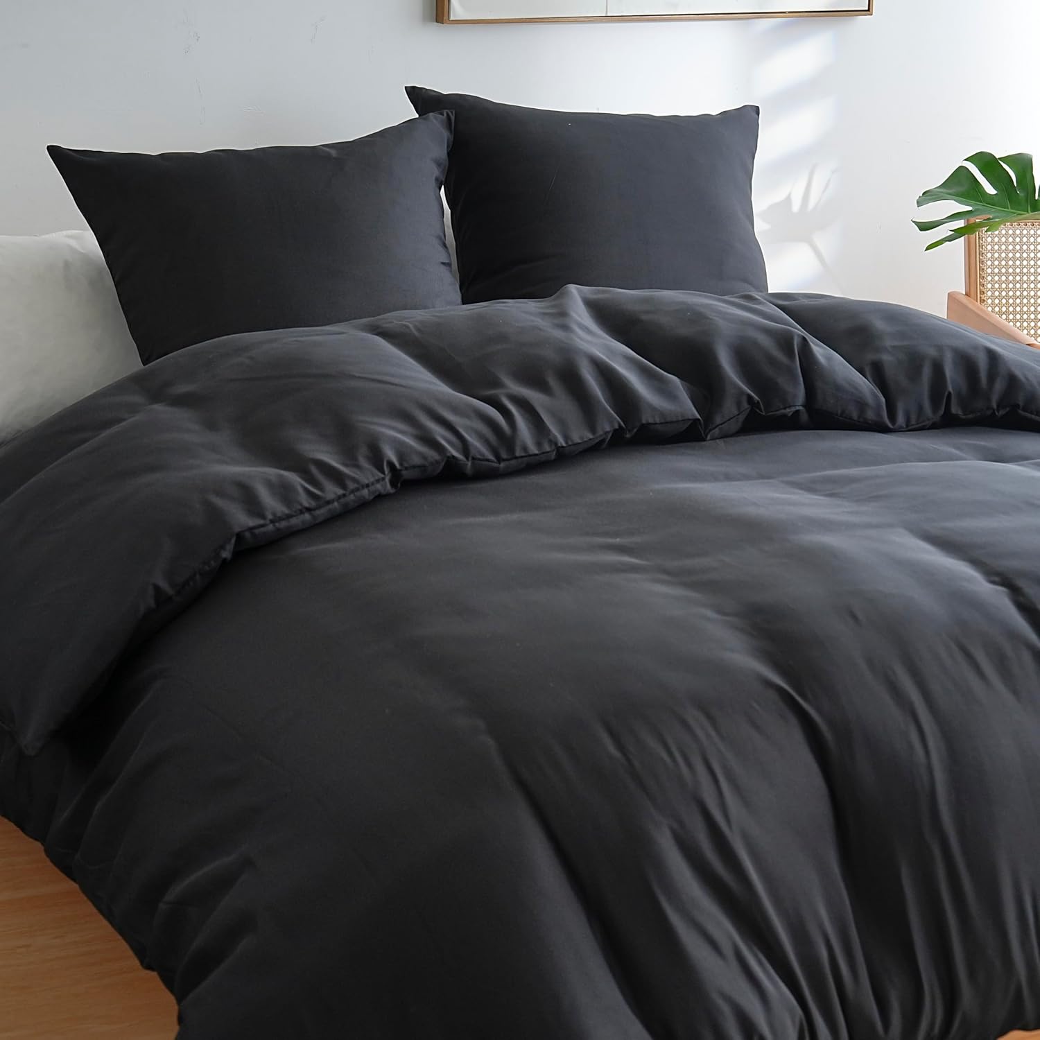 AYSW 4 Piece Adult Bedding Set Duvet Cover 200x200cm+Fitted Sheet 160x200+2 Pillowcases 65x65cm Black Normal 80 Thread/cm² Duvet Cover 2 Person with Zipper 2