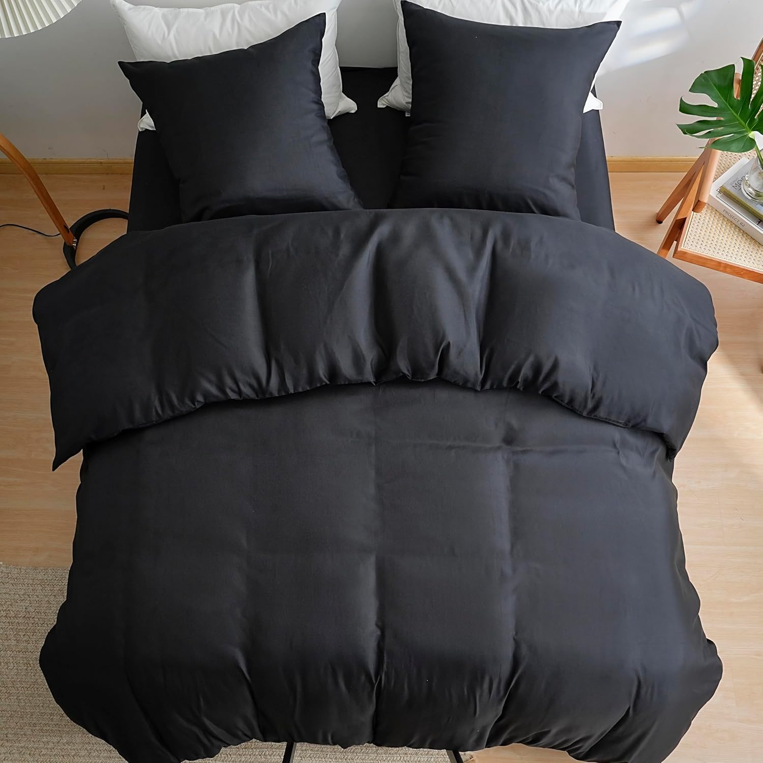 AYSW 4 Piece Adult Bedding Set Duvet Cover 200x200cm+Fitted Sheet 160x200+2 Pillowcases 65x65cm Black Normal 80 Thread/cm² Duvet Cover 2 Person with Zipper 3