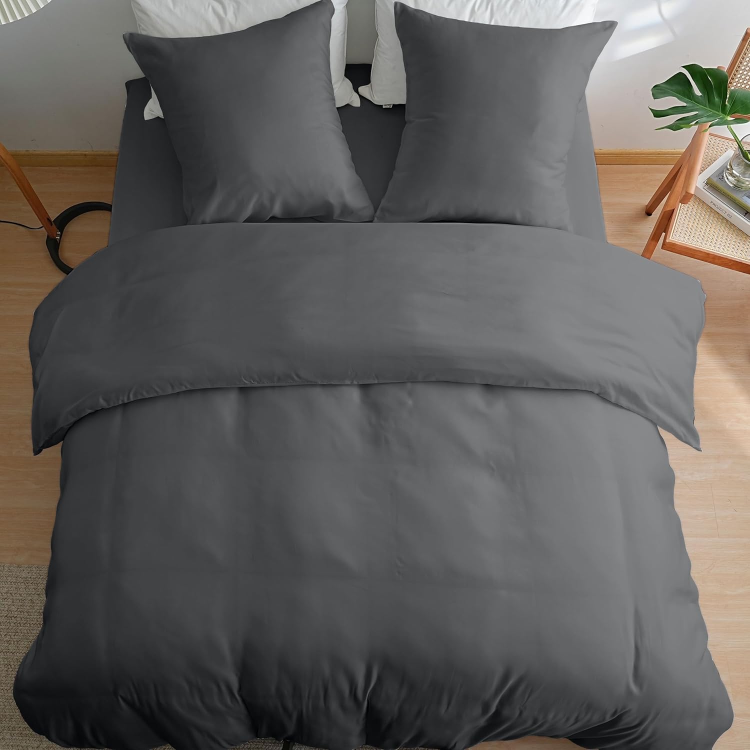 AYSW 4 Piece Adult Bedding Set Duvet Cover 220x240cm+Fitted Sheet 180x200+2 Pillowcases 65x65cm Dark Grey Normal 80 Thread/cm² Duvet Cover 2 Person with Zipper 3