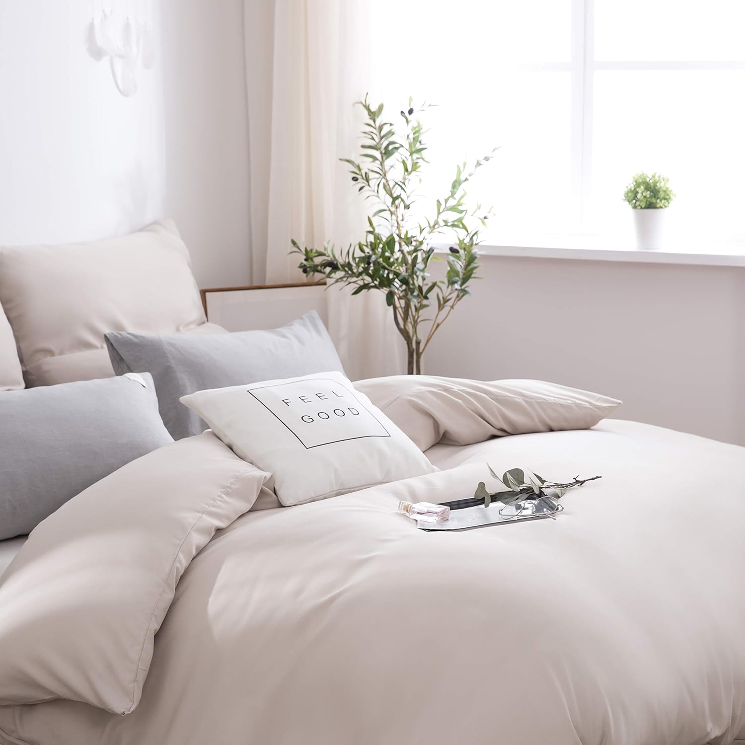 AYSW Duvet Cover 140x190/200cm+1 Pillowcases 65x65cm Beige 1 Person Bedding Set 100 Threads/cm² in Microfiber with Zipper 6