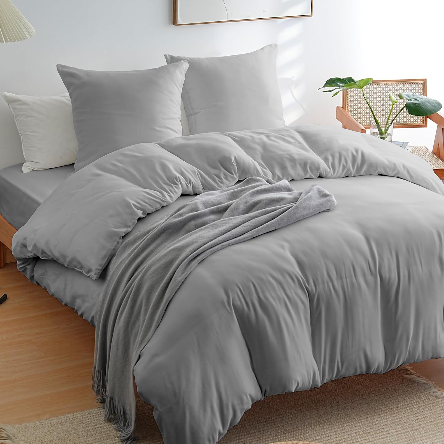 AYSW Duvet Cover 200x200cm+2 Pillowcases 65x65cm Light Grey Standard Adult 2 Person Bedding Set 80 Threads/cm² in Microfiber Duvet Cover Set 2