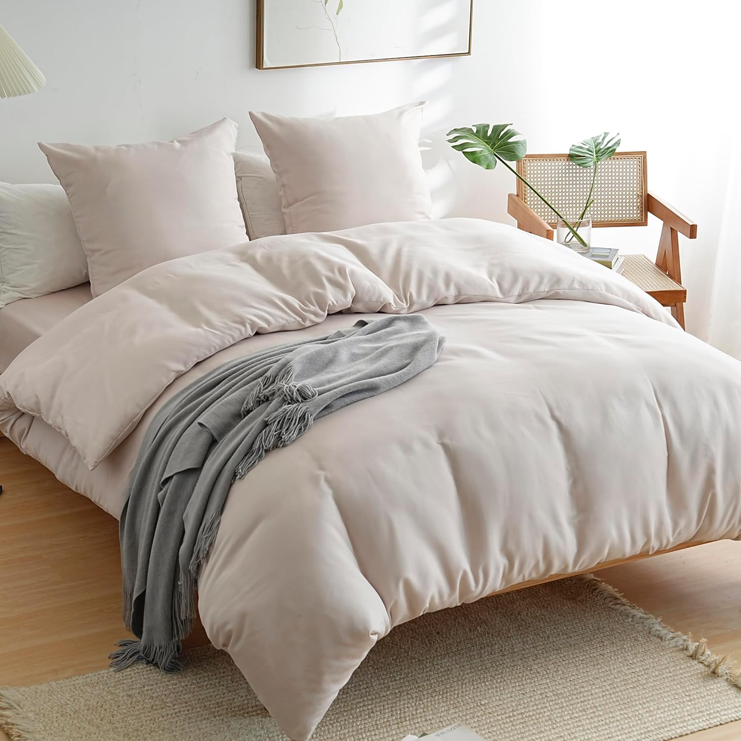 AYSW Duvet Cover 200x200cm+2 Pillowcases 65x65cm Beige Normal Adult Bedding Set 2 Person 80 Threads/cm² in Microfiber Duvet Cover Set 2