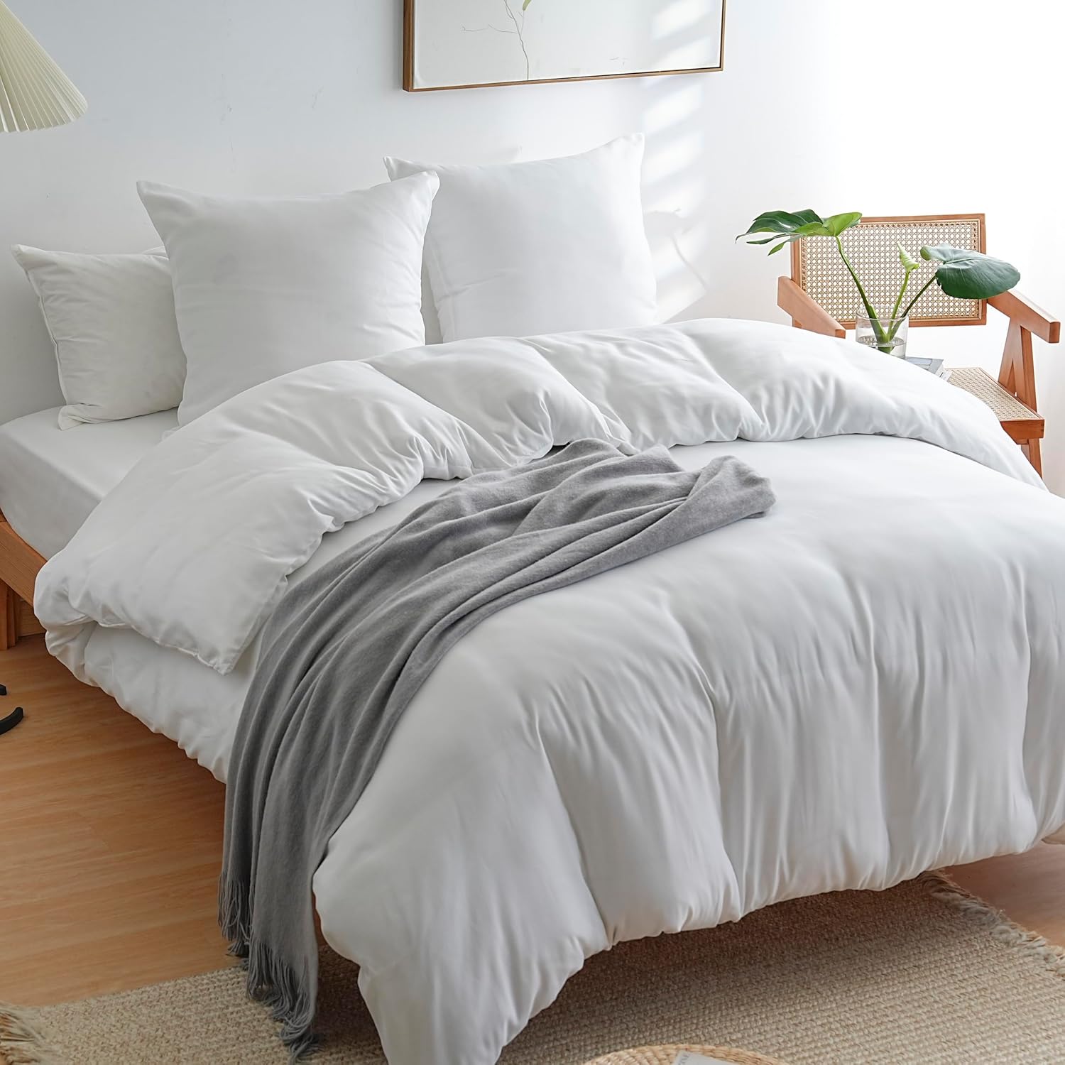 AYSW Bettbezug 200x200cm+2 Kissenbezüge 65x65cm Weiß Normal Bettwäsche für Erwachsene 2 Personen 80 Fäden/cm² aus Mikrofaser Bettwäsche Set 2