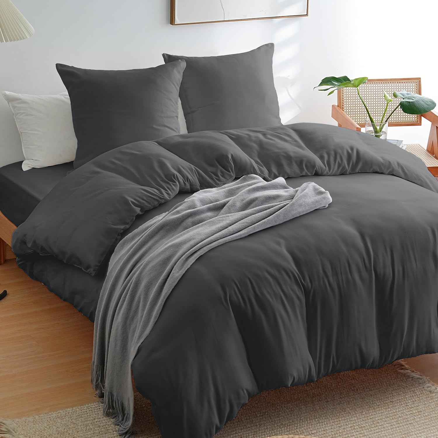 AYSW Duvet Cover 200x200cm+2 Pillowcases 65x65cm Dark Grey Standard Adult 2 Person Bedding Set 80 Threads/cm² in Microfiber Duvet Cover Set 2
