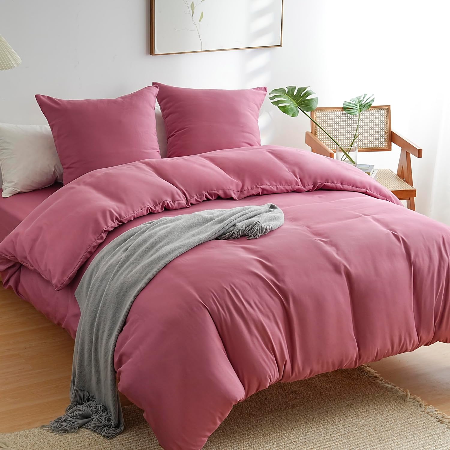 AYSW Duvet Cover 200x200cm+2 Pillowcases 65x65cm Old Rose Standard Adult 2 Person Bedding Set 80 Threads/cm² in Microfiber Duvet Cover Set 2