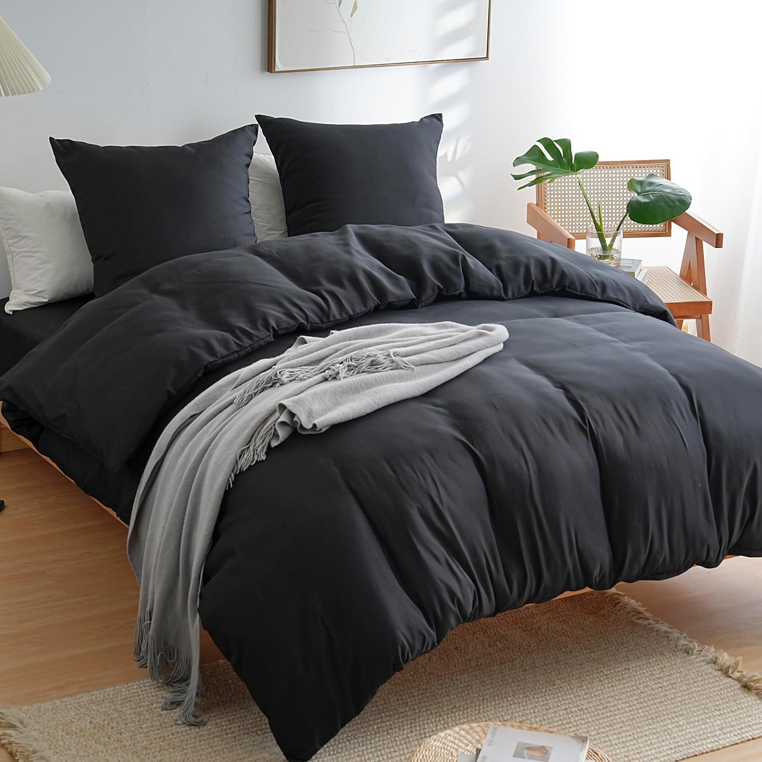 AYSW Housse de Couette 200x200cm+2 Taies d'oreillers 65x65cm Noir Normal Parure de Lit Adulte 2 Personnes 80 Fils/cm² en Microfibre Parure Housse Couette 2