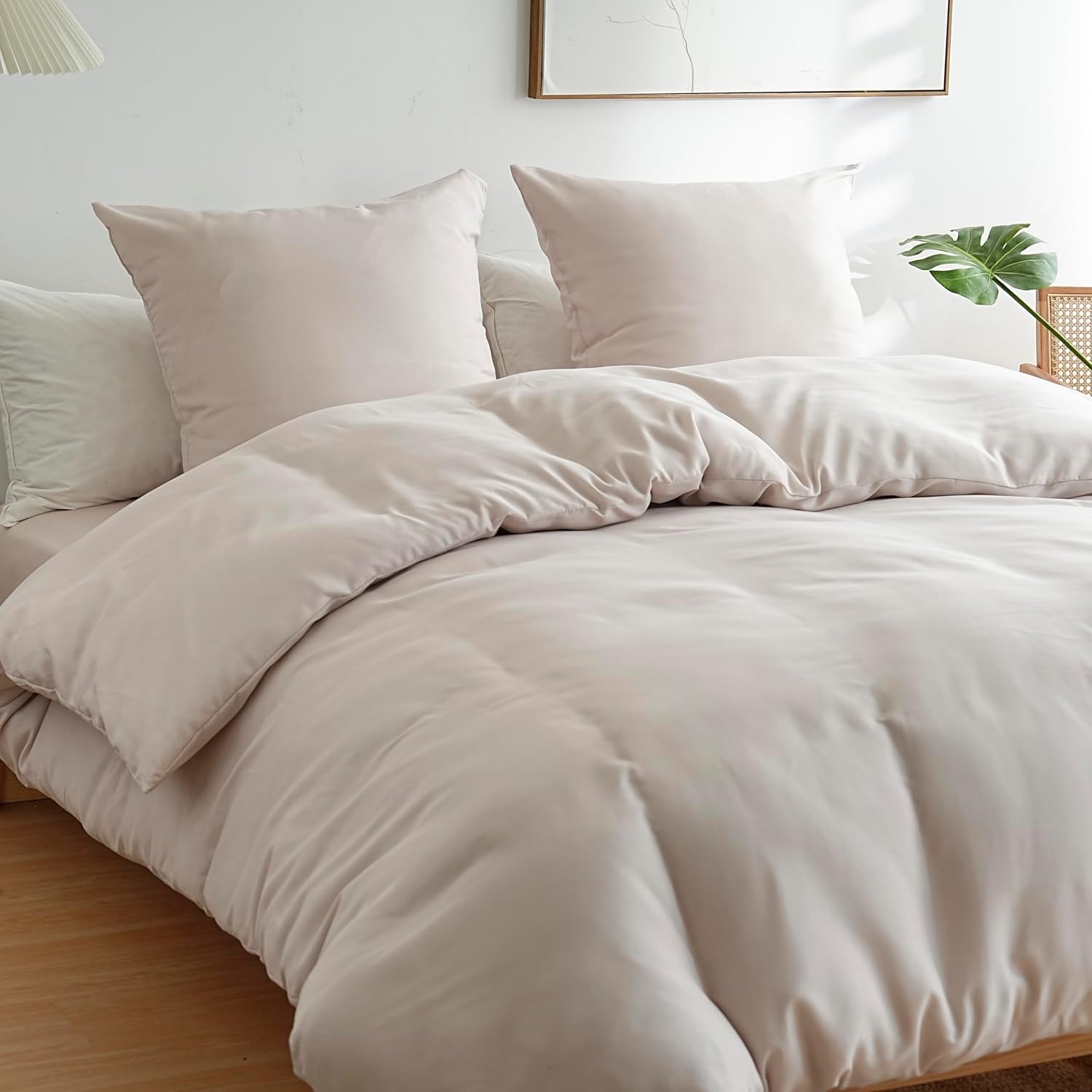 AYSW Housse de Couette 140x200cm+1 Taies d'oreillers 65x65cm Beige Normal Parure de Lit Adulte 1 Personnes 80 Fils/cm² en Microfibre Parure Housse Couette 2