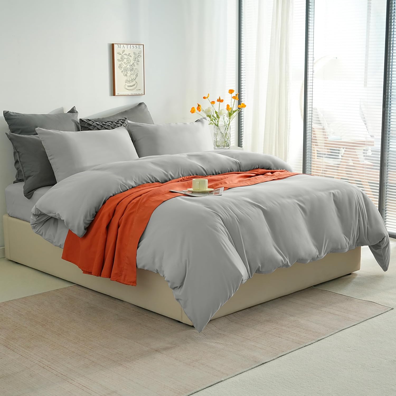 Warm Bedding Set and Fitted Sheet 110GSM 4 Pieces Brushed Microfiber with 1 Duvet Cover 2 Pillowcases and 1 Fitted Sheet (4 PCS Double, Light Grey) 9