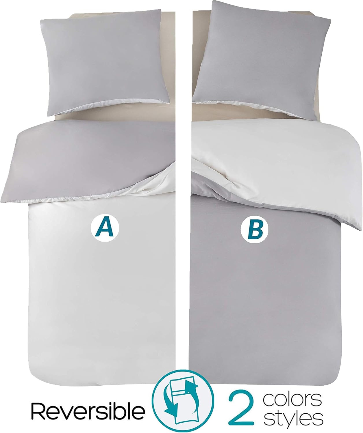 AYSW Reversible Duvet Cover 140x190/200 cm Washed Cotton Grey Pillowcase 65x65x1 cm Bedding Set Natural Wrinkled Look Two-tone for 1 Person Zipper Duvet Cover Sets 3