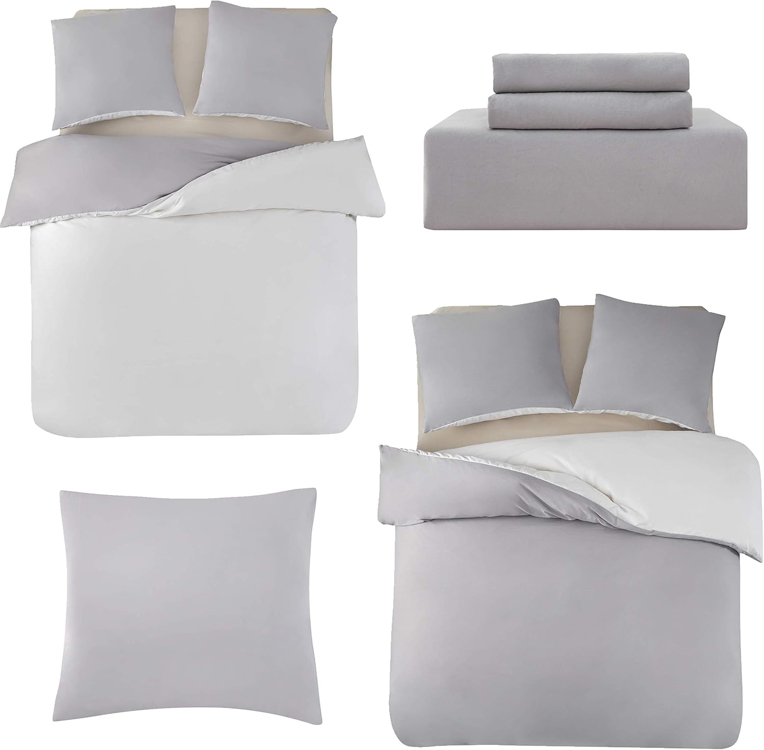 AYSW Reversible Duvet Cover 140x190/200 cm Washed Cotton Grey Pillowcase 65x65x1 cm Bedding Set Natural Wrinkled Look Two-tone for 1 Person Zipper Duvet Cover Sets 4