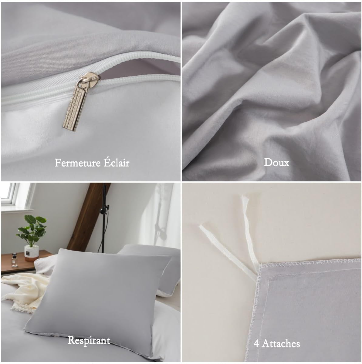 AYSW Reversible Duvet Cover 140x190/200 cm Washed Cotton Grey Pillowcase 65x65x1 cm Bedding Set Natural Wrinkled Look Two-tone for 1 Person Zipper Duvet Cover Sets 5