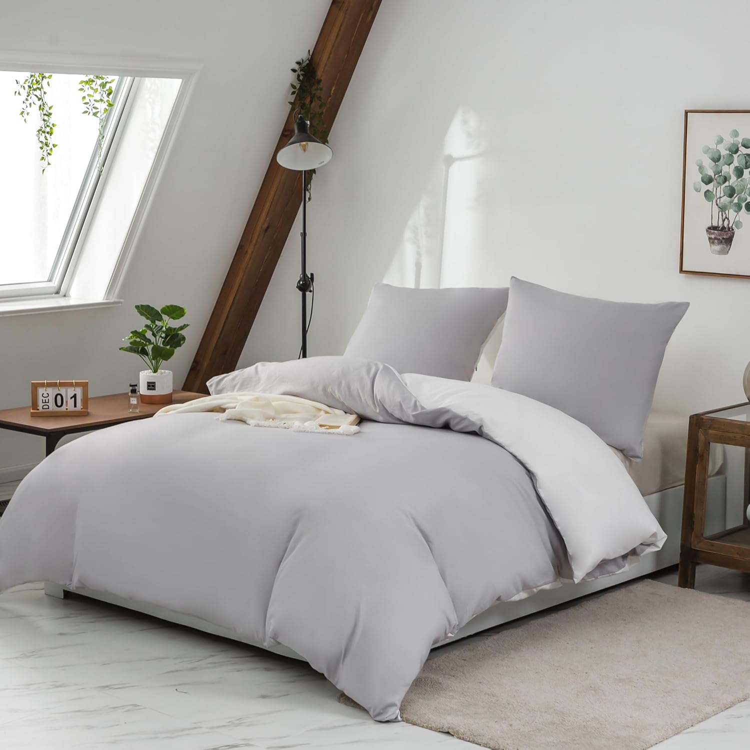 AYSW Reversible Duvet Cover 140x190/200 cm Washed Cotton Grey Pillowcase 65x65x1 cm Bedding Set Natural Wrinkled Look Two-tone for 1 Person Zipper Duvet Cover Sets 6