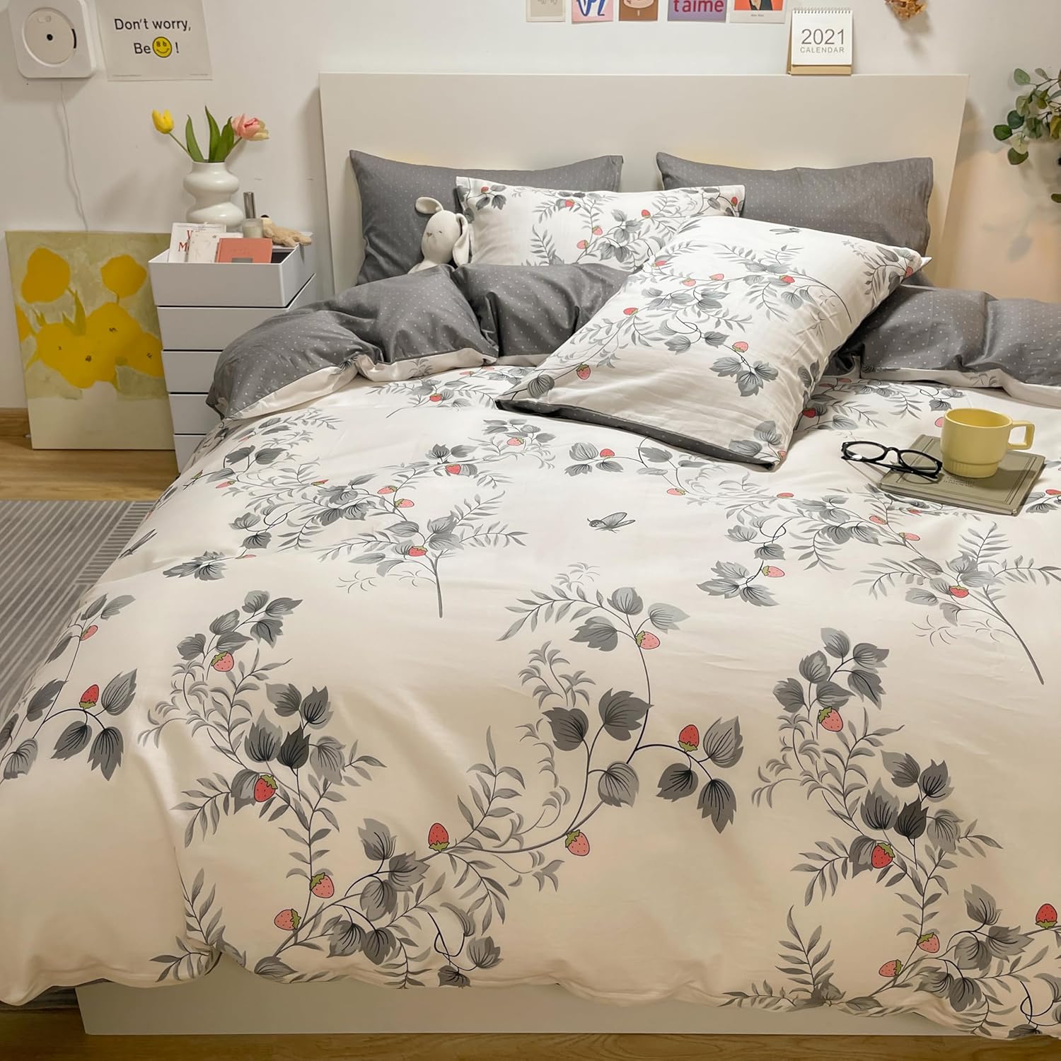 Floral Duvet Cover Set 2 Pieces with Matching Pillowcases, No Comforter Gray and White, Twin Size Flower Pattern 3