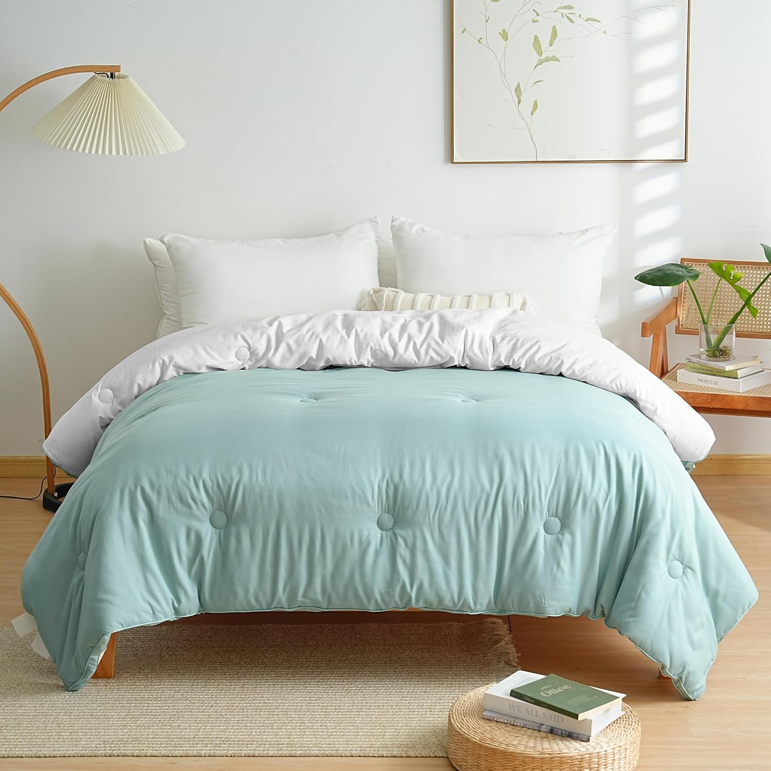 AYSW Two-Tone Duvet Warm in winter 450g/m² Thick 200x200cm Light Green Cream Light Grey White Reversible Bed Duvet Comforter 2