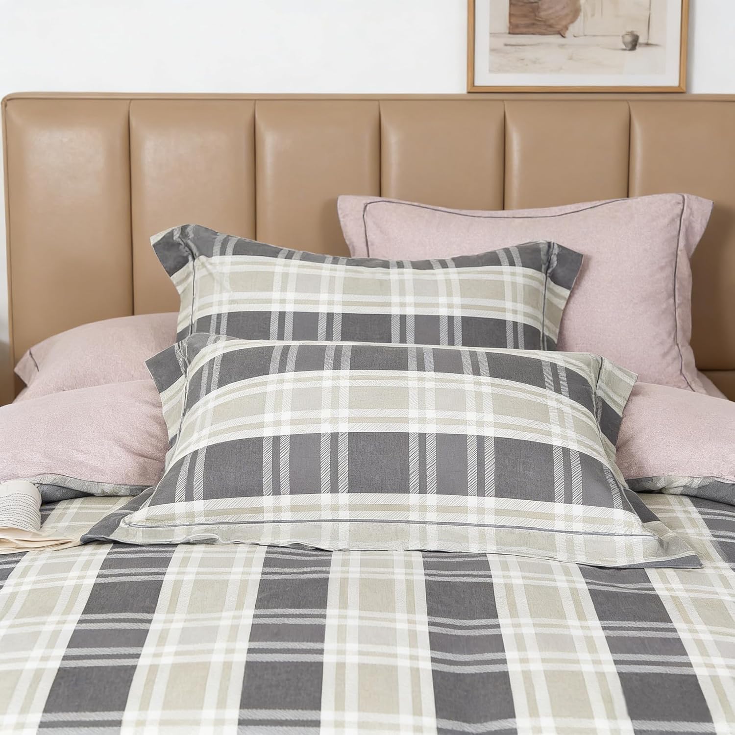 Générique Microfiber Duvet Cover, Bedding Set with 2 Pillowcases 65x65cm, Grey and White Check Pattern, Pale Pink, 220x240 cm, Machine Washable, Comfortable 5