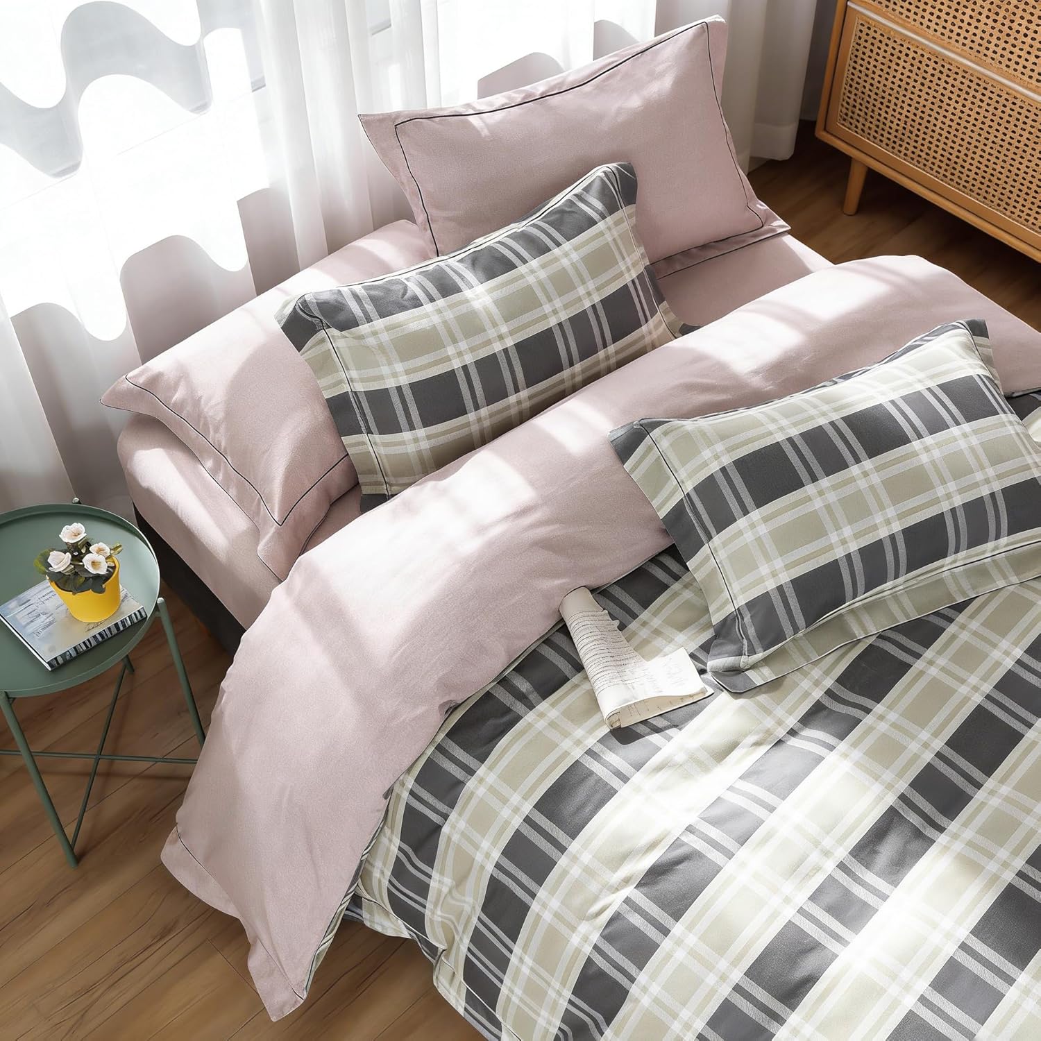 Générique Microfiber Duvet Cover, Bedding Set with 2 Pillowcases 65x65cm, Grey and White Check Pattern, Pale Pink, 220x240 cm, Machine Washable, Comfortable 7