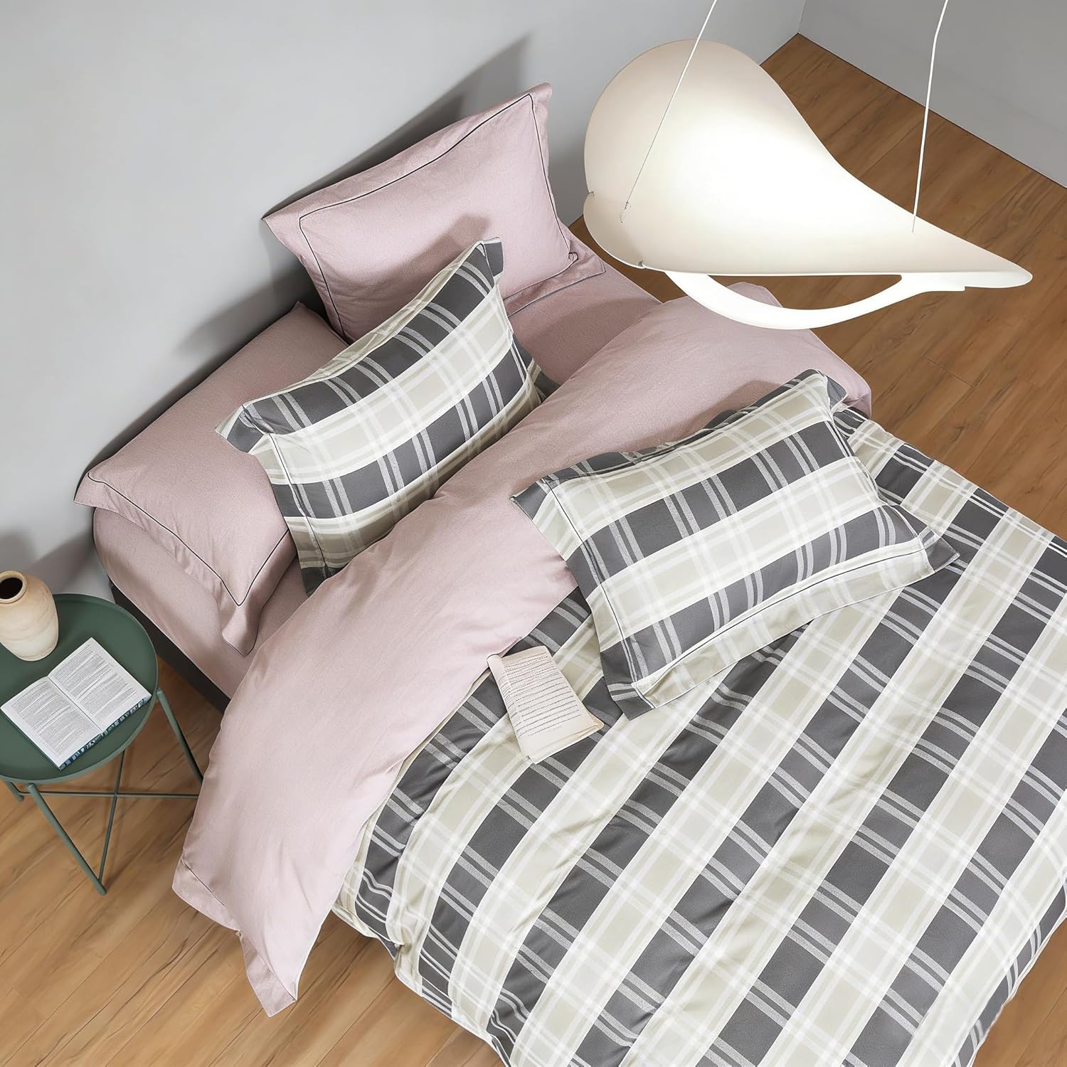 Générique Microfiber Duvet Cover, Bedding Set with 2 Pillowcases 65x65cm, Grey and White Check Pattern, Pale Pink, 220x240 cm, Machine Washable, Comfortable 2