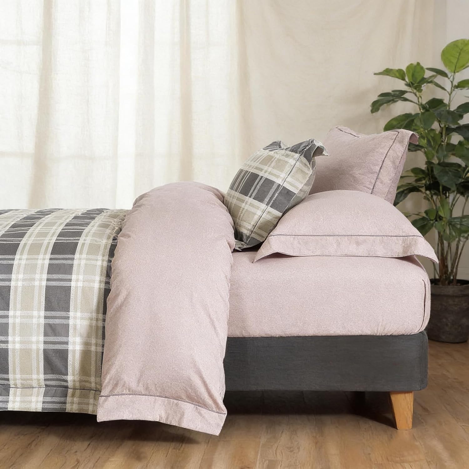 Générique Microfiber Duvet Cover, Bedding Set with 2 Pillowcases 65x65cm, Grey and White Check Pattern, Pale Pink, 220x240 cm, Machine Washable, Comfortable 3