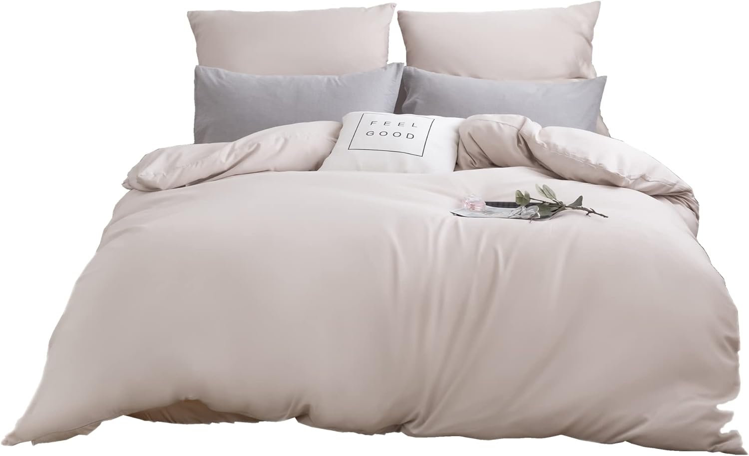 AYSW Duvet Cover 220x240cm+2 Pillowcases 65x65cm Beige Bedding Set Adult 2 Person 100 Thread/cm² in Microfiber with Zipper 6
