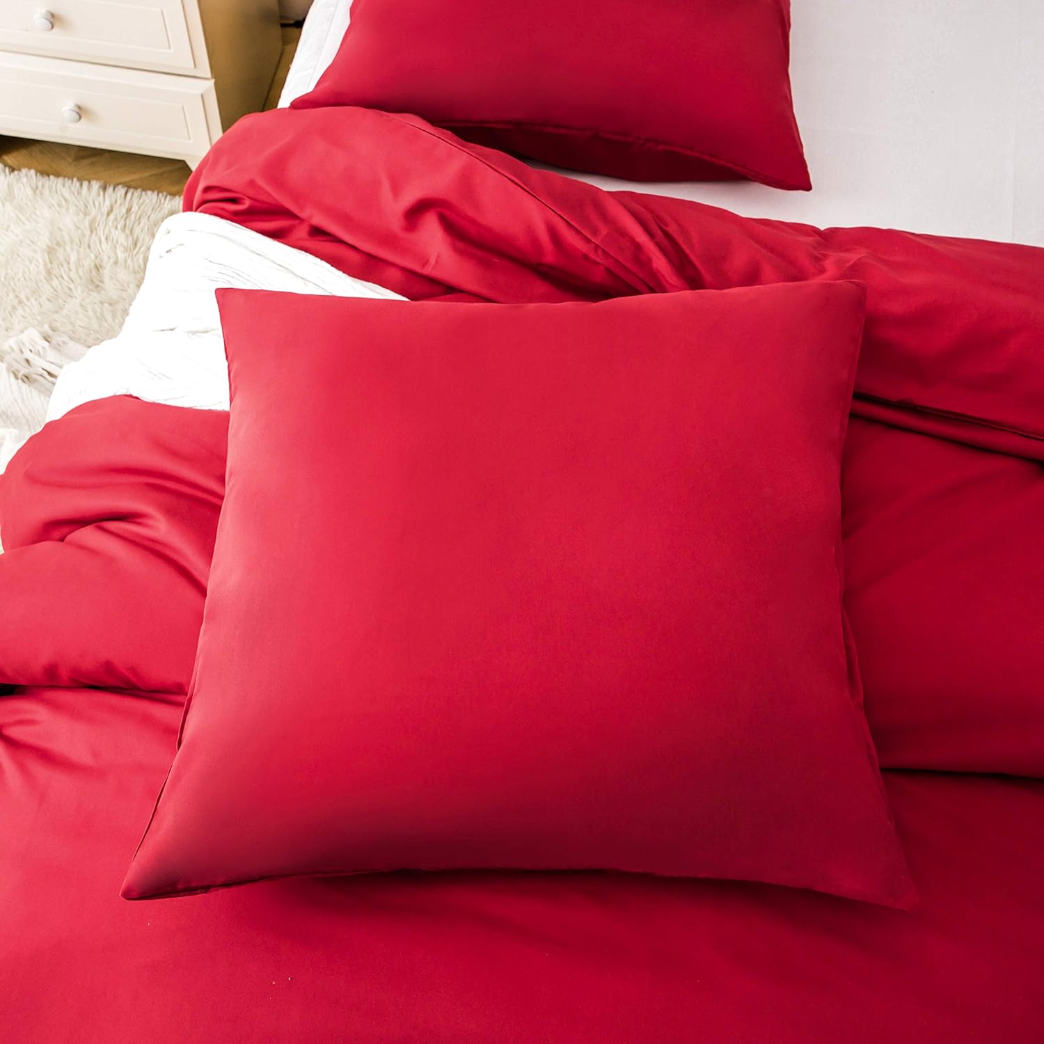 AYSW Bettbezug 140x190/200cm+1 Kopfkissenbezug 65x65cm Rot Bettwäsche 1 Person 100 Fäden/cm² aus Mikrofaser mit Reißverschluss 3