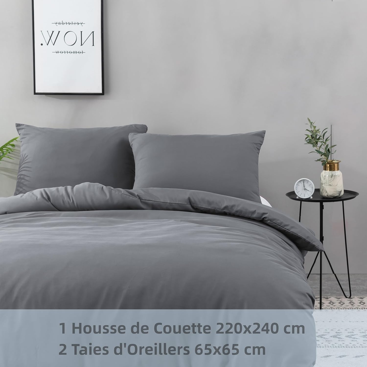 Housse de Couette 220x240cm + Taies d'oreillers 65x65x2 cm Gris 120 Fils/cm² Parure de Lit avec Fermeture Eclaire pour 2 Personnes 9