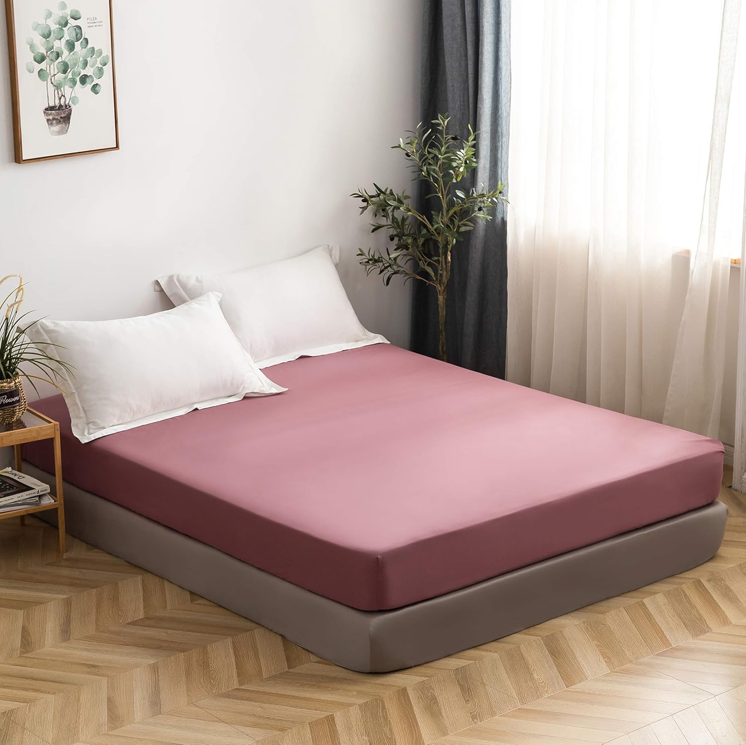 AYSW Drap Housse 180x200cm avec Bonnet 30cm Vieux Rose Drap Housse 100 GSM en Microfibre de Haute Qualité 100% Polyester Doux, Résistant, Anti Plis 2