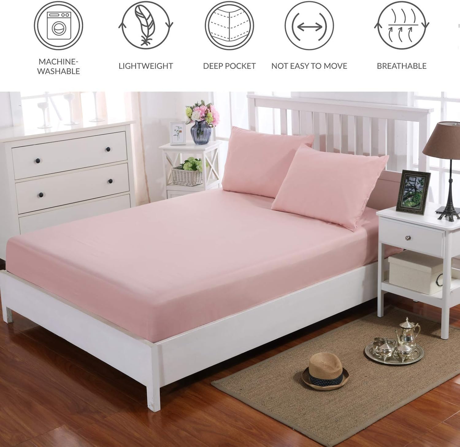 AYSW Fitted Sheet Set King Size 16" Deep Pocket with 1 Bedsheet and 2 Pillowcases Gift Polyester Pink 8