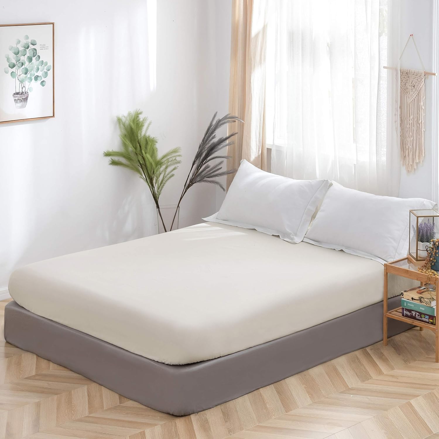 AYSW Fitted Sheet 140x190-200cm with 30cm Pocket Beige Fitted Sheet 100 GSM in High Quality Microfiber 100% Polyester Soft, Resistant, Wrinkle-free 2