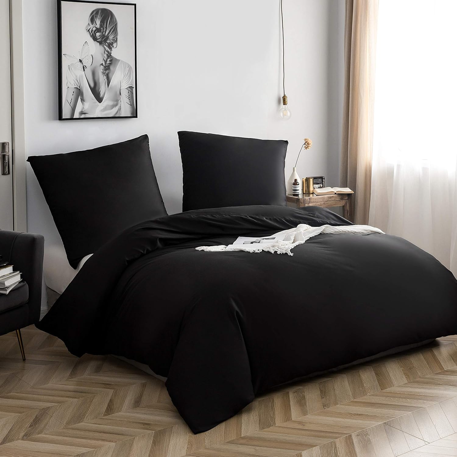 Cotton Bedding 155x220 cm Black 1 duvet cover with 1 pillowcase 80x80 cm 2