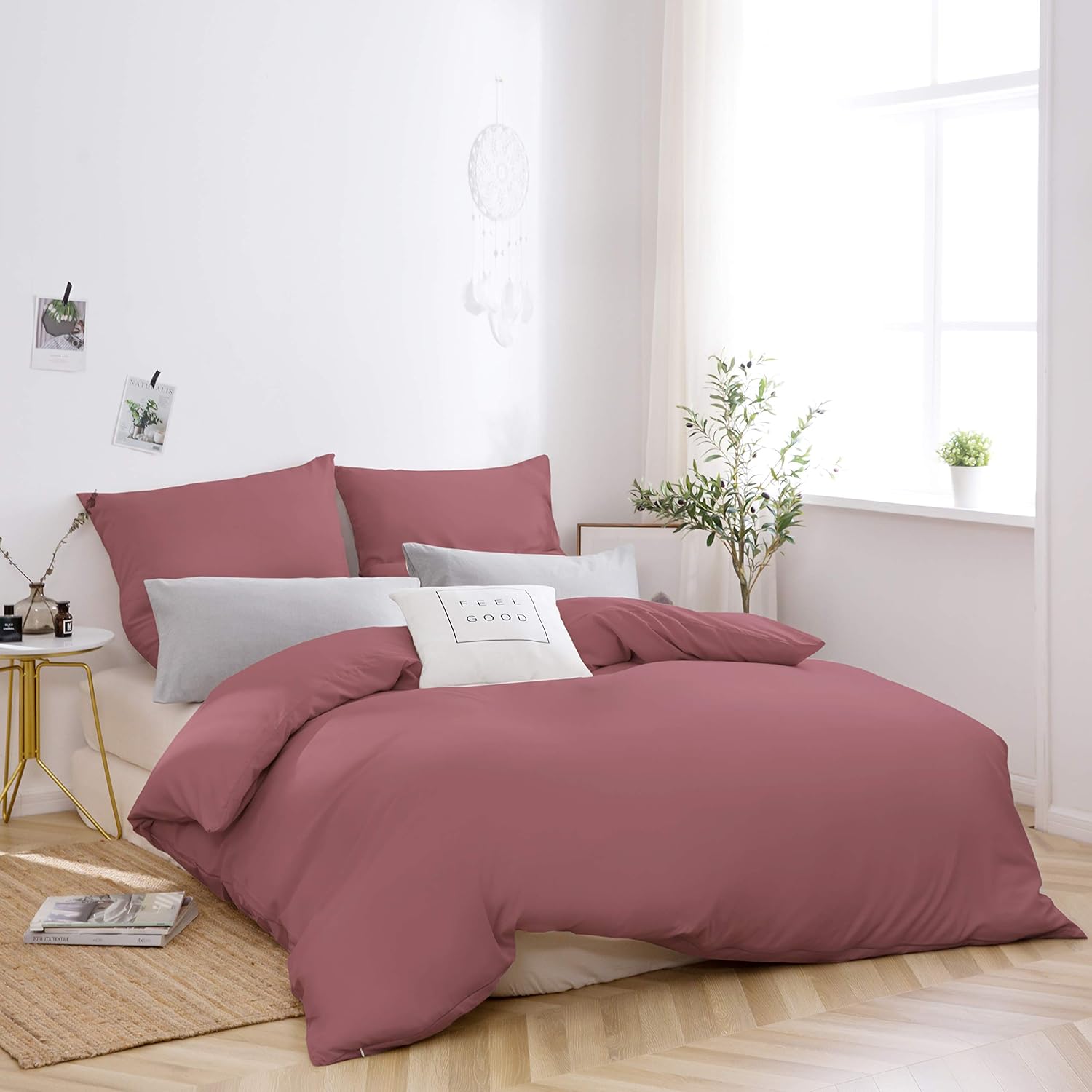 AYSW Housse de Couette 220x240cm+2 Taies d'oreillers 65x65cm Vieux Rose Parure de Lit Adulte 2 Personnes 100 Fils/cm² en Microfibre avec Fermeture Éclair 3