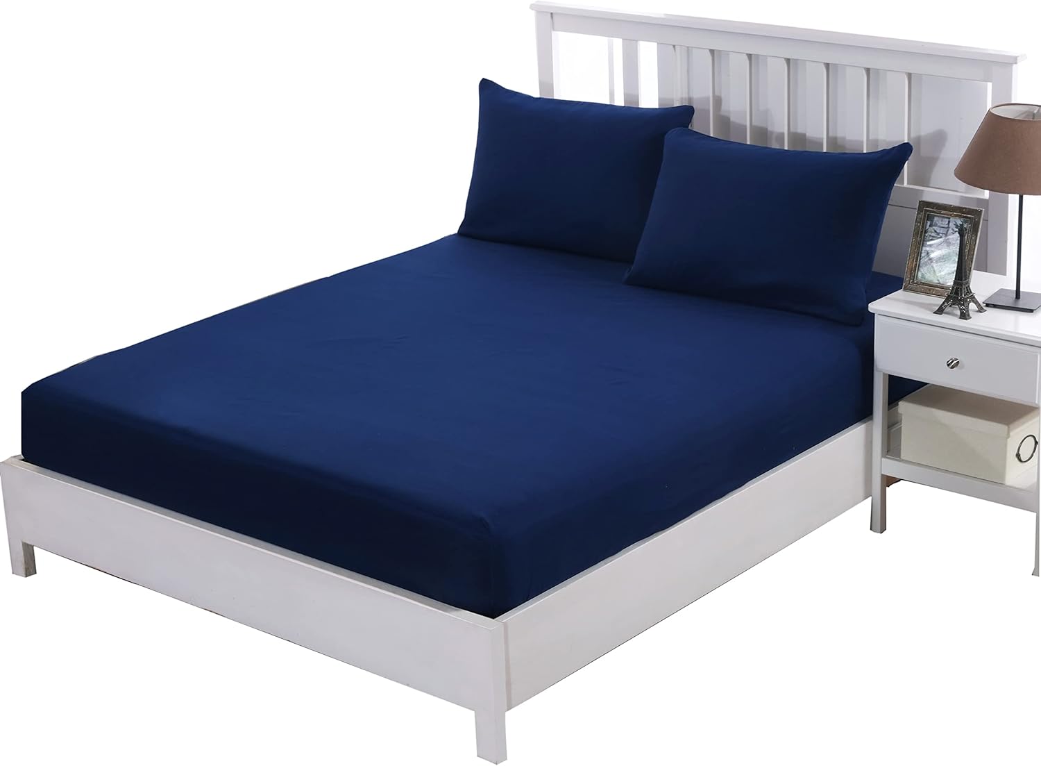AYSW Fitted Sheet 160x200cm with 30cm Pocket Navy Blue Fitted Sheet 100 GSM in High Quality Microfiber 100% Polyester Soft, Resistant, Wrinkle-Resistant 5