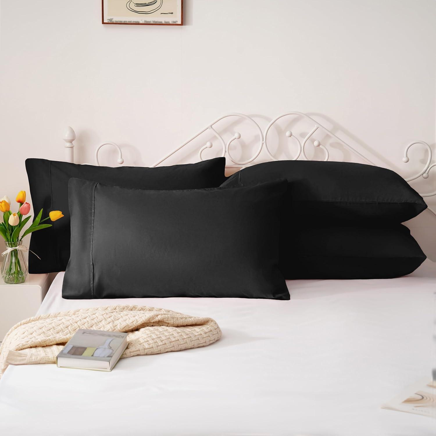 AYSW Pillowcases Queen Size Set of 4 Pieces Premium Soft and Cozy 1800 Double Brushed Microfiber with Envelope Closure Pillow Case Black 20x30 inch Wrinkle Fade Resistant Stable Holiday Decor 2