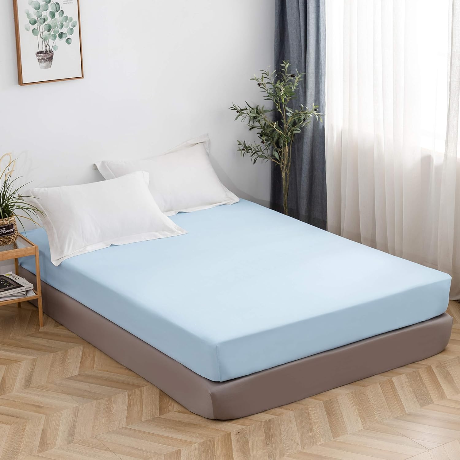 AYSW Drap Housse 140x190-200cm avec Bonnet 30cm Bleu Clair Drap Housse 100 GSM en Microfibre de Haute Qualité 100% Polyester Doux, Résistant, Anti Plis 2