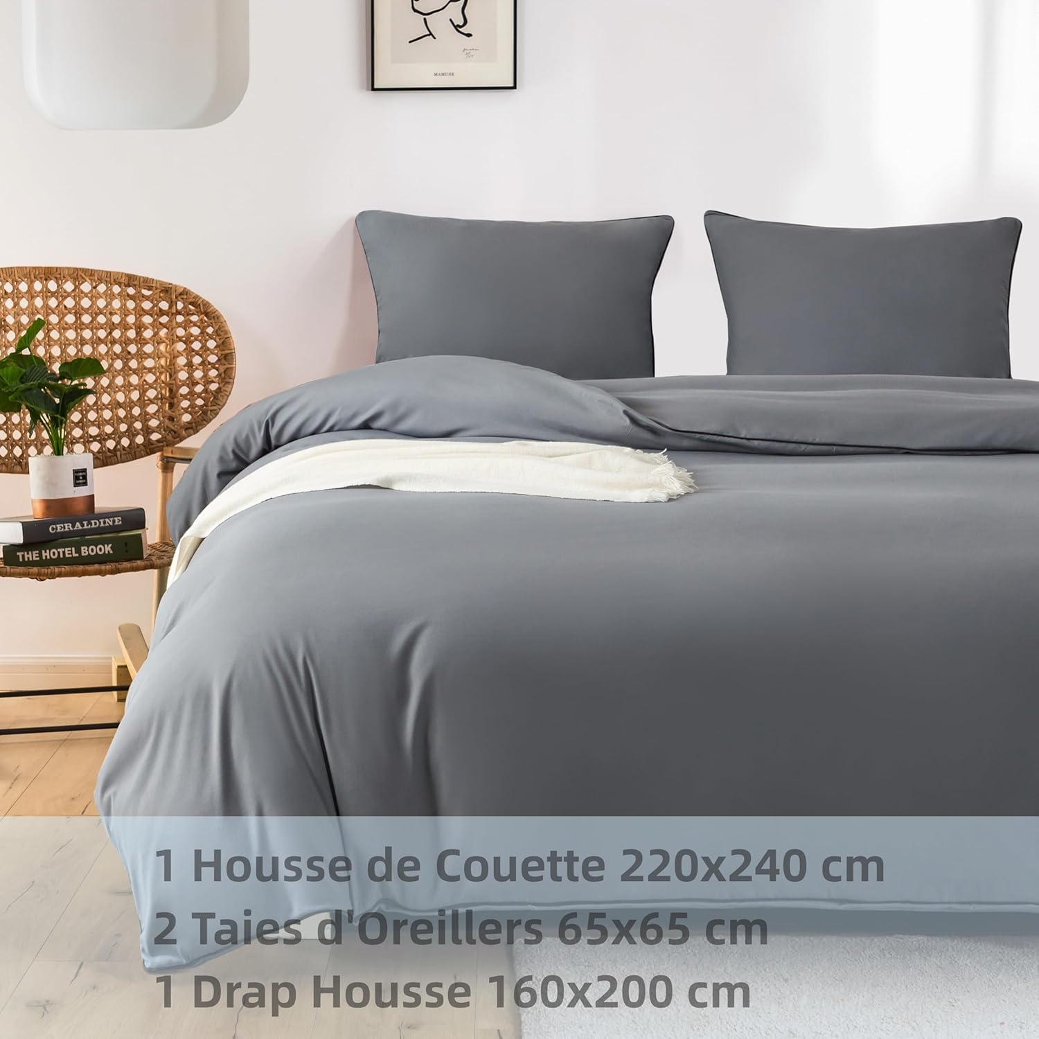 AYSW 4-Piece Bedding Set Duvet Cover 220x240cm + Fitted Sheet 160x200cm with 2 pillowcases 65x65cm Grey for 2 Persons 120 Threads/cm² in Microfiber 9