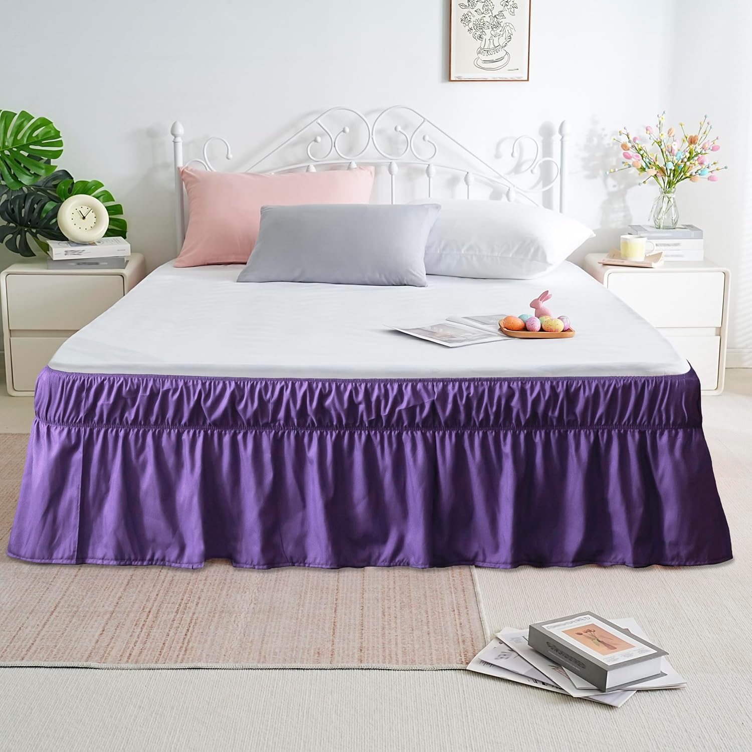 AYSW Bed Skirt Queen Size 14 inch Drop Premium Soft and Cozy 1800 Brushed Microfiber Dust Ruffle Three Fabric Sides Wrap Around with Elastic No Top Easy On Purple Holiday 4
