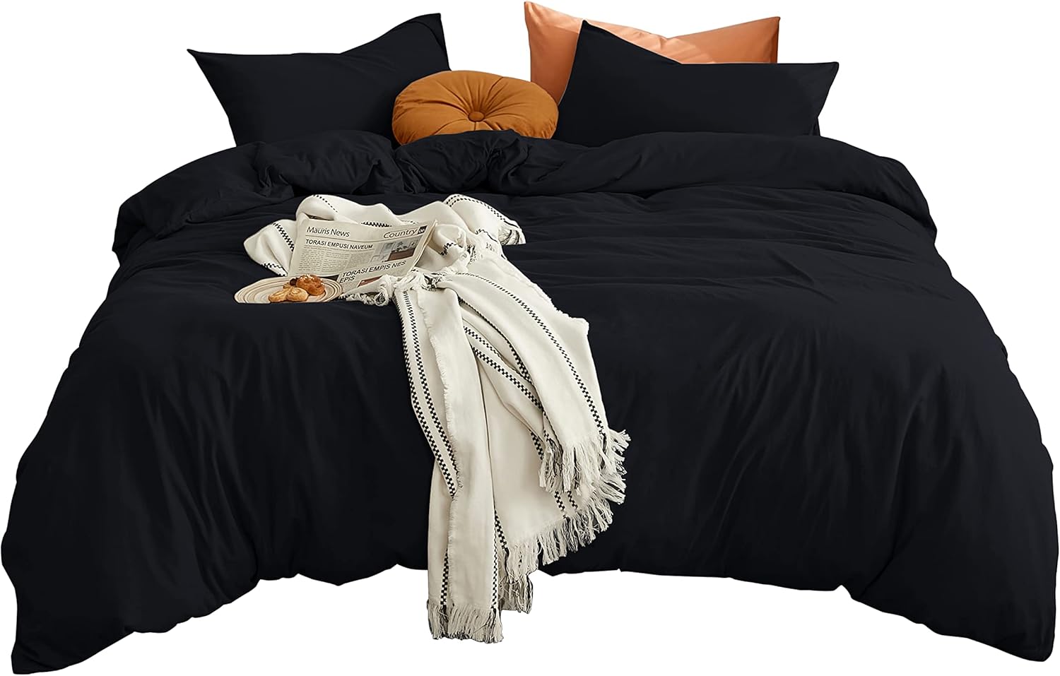 AYSW Duvet Cover 240x260cm+2 Pillowcases 65x65cm Black Adult Bedding Set 2 Person 100 Threads/cm² in Microfiber with Zipper 5